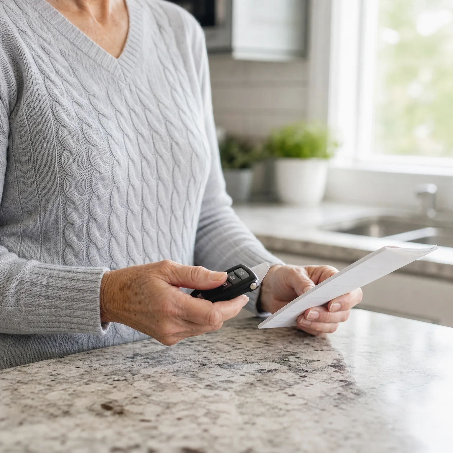 A person in a light gray cable-knit sweater stands at a granite kitchen counter holding a black car key fob in one hand and a folded white paper in the other, with a potted plant, sink, and window behind.