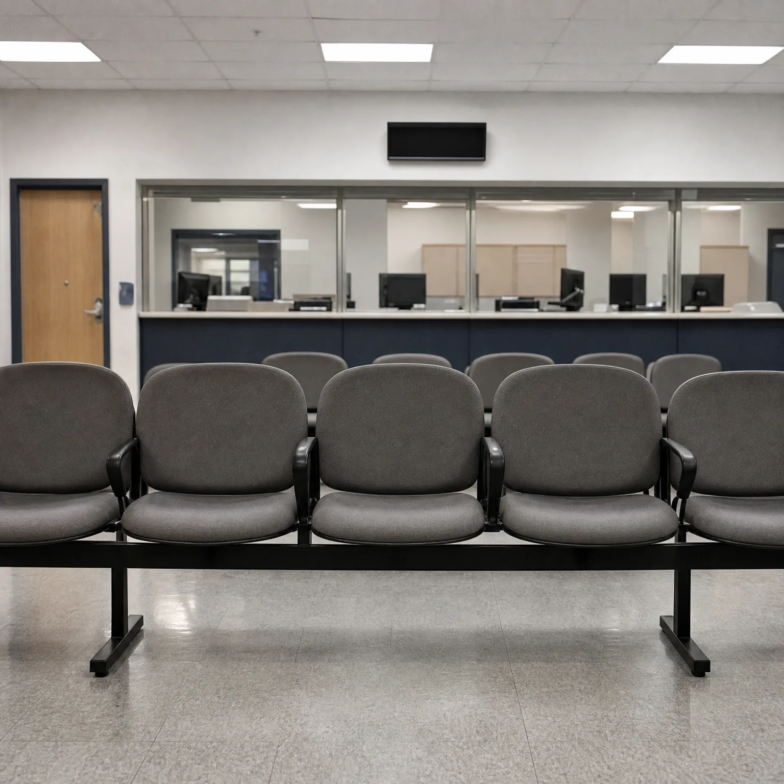 An empty waiting area with rows of gray beam-mounted chairs facing a service counter behind glass partitions, with a wooden door at left and a blank wall-mounted screen above.