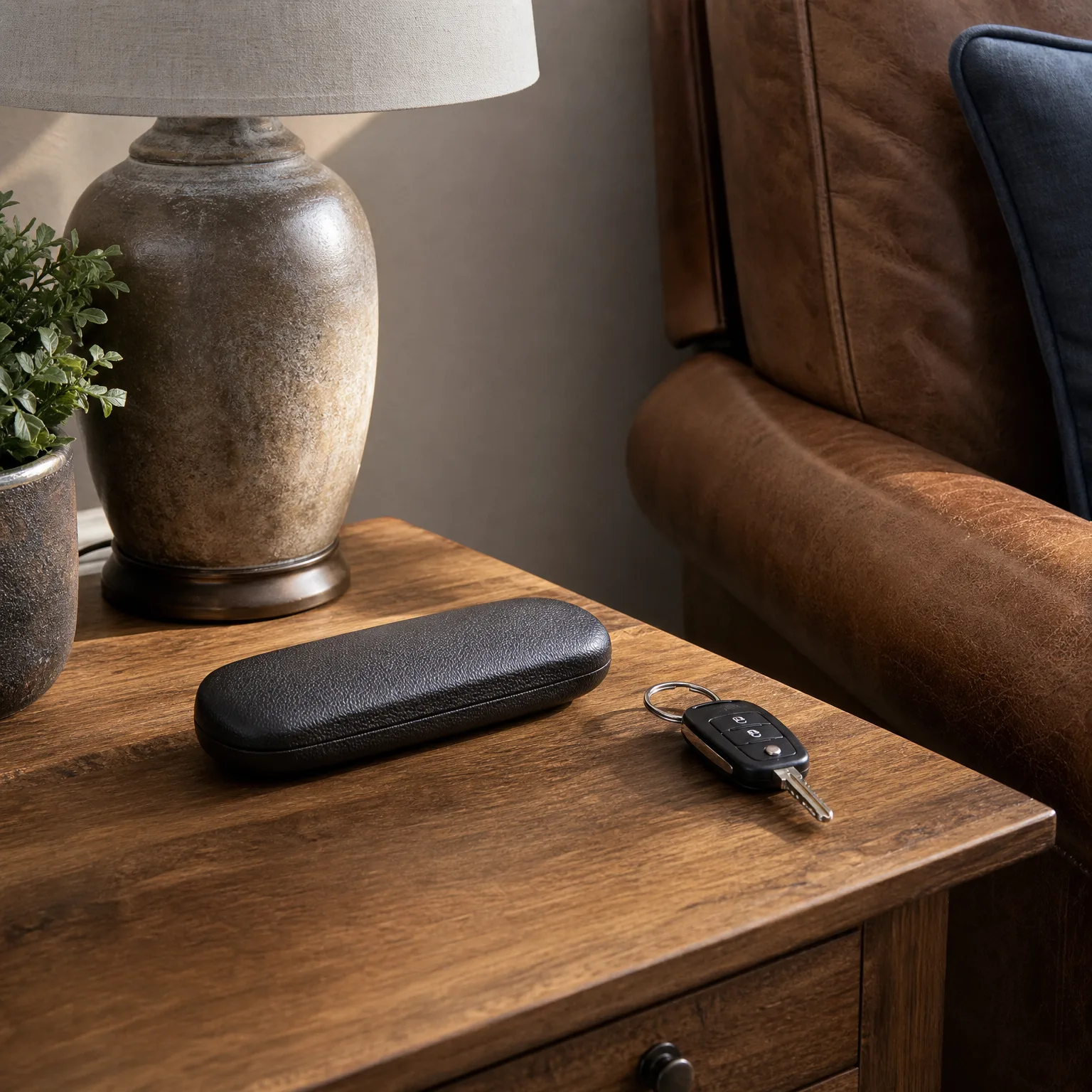 A black leather eyeglass case and a folding car key with remote buttons rest on a wooden side table beside a ceramic lamp base and potted plant, with a brown leather armchair behind.