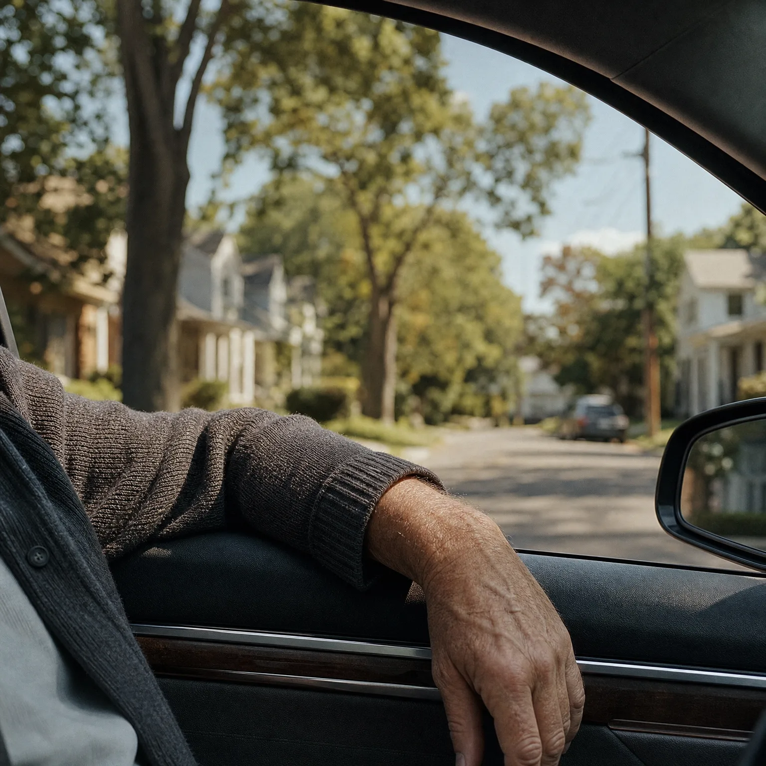 View from inside a car of a person's arm in a knit sweater resting on the open passenger window frame, with a tree-lined residential street and houses outside.