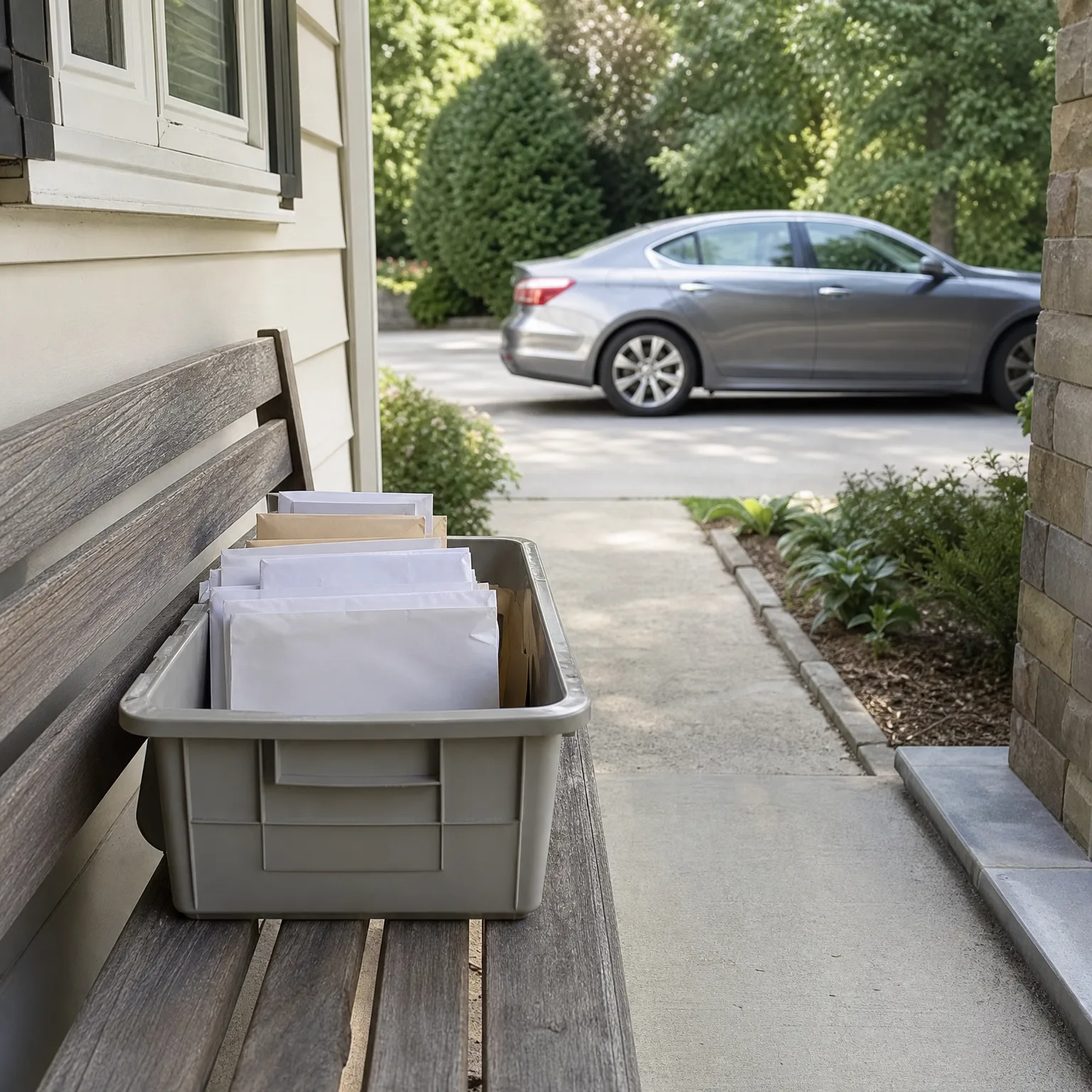 A gray plastic bin filled with upright white and manila envelopes sits on a weathered wooden bench beside a light-colored sided house, with a concrete walkway, shrubs, and a parked gray sedan in the background.