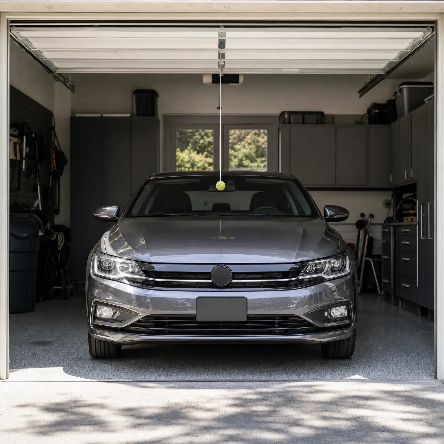 A silver sedan parked inside a garage with gray cabinets, a tennis ball hanging from the ceiling opener, and an open door showing the driveway.