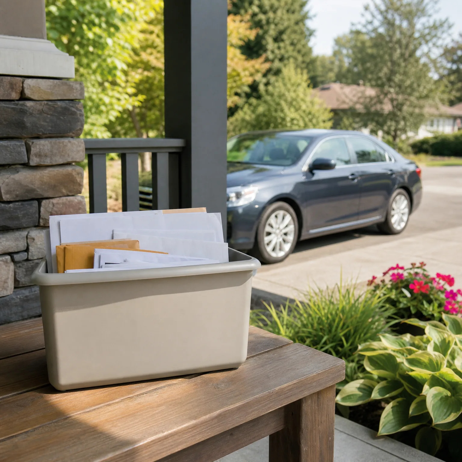 A beige plastic bin filled with envelopes and padded mailers sits on a weathered wooden bench on a porch with a stone-clad column, with a dark sedan parked in a driveway and flowering plants in the background.