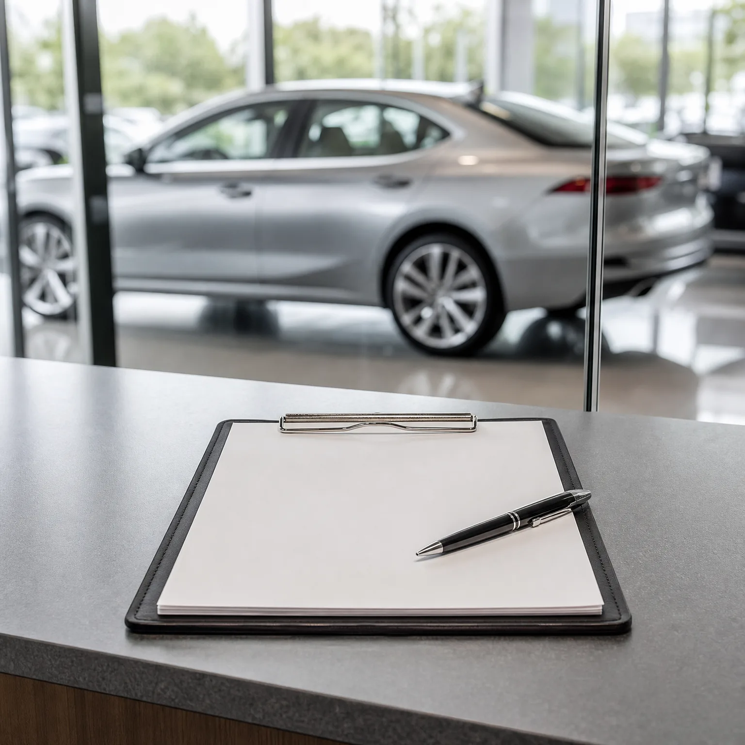 A clipboard with blank white paper and a black and silver ballpoint pen rests on a dark countertop, with a silver sedan blurred behind glass in the background.
