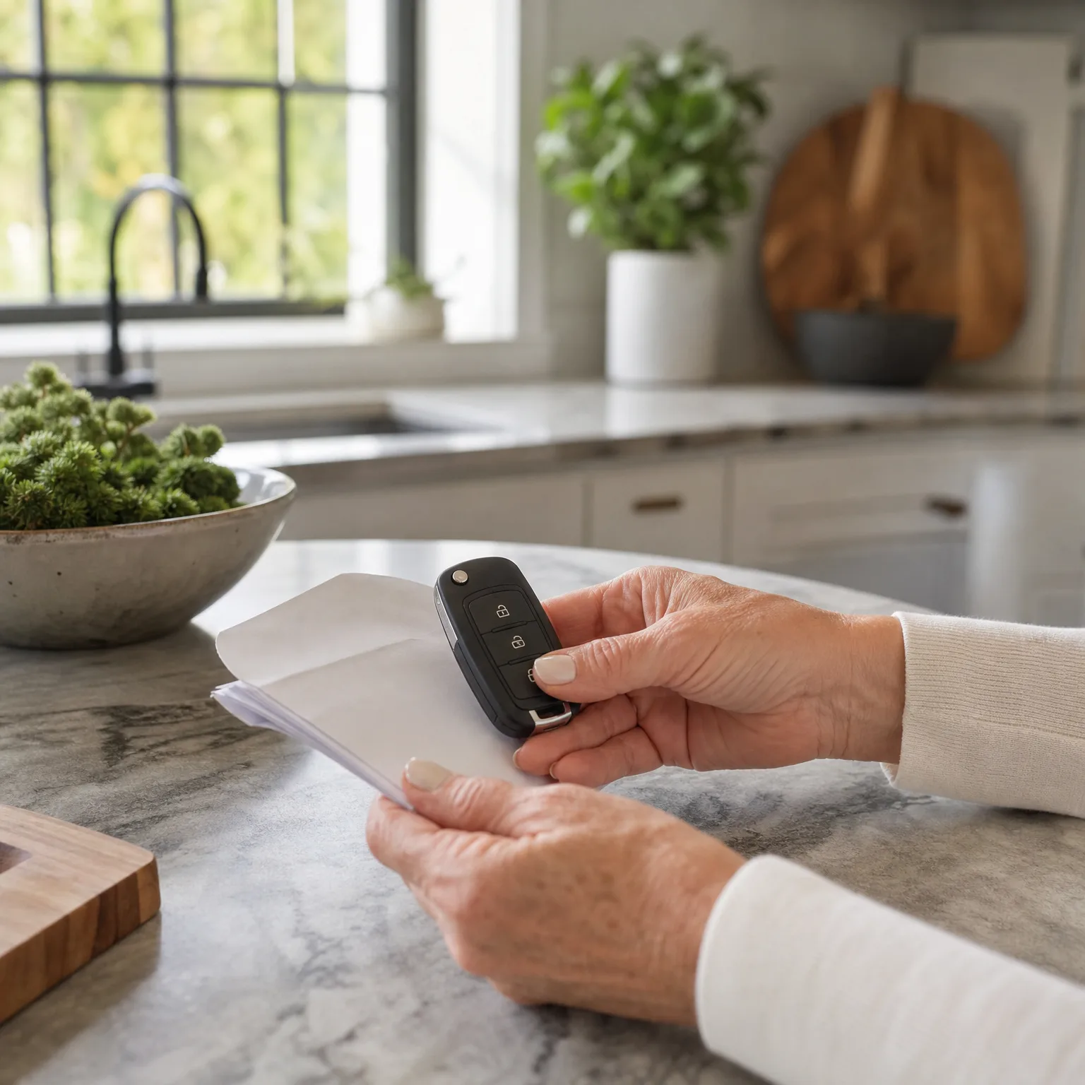 A person's hands hold a black flip-style car key fob and a white envelope over a marble kitchen counter, with a sink, window, potted plant and wooden board blurred in the background.