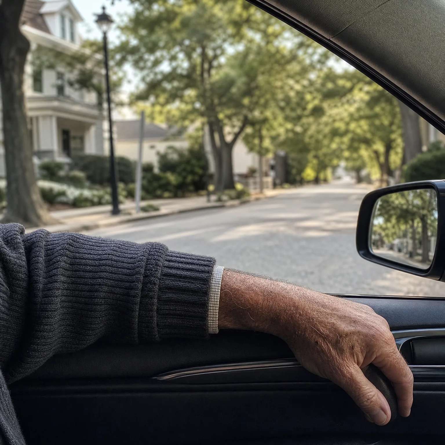 View from inside a car of an older person's arm in a dark grey knit sweater resting on the door sill by the open window, with a tree-lined residential street, sidewalk, lamppost and light-colored house blurred in the background.