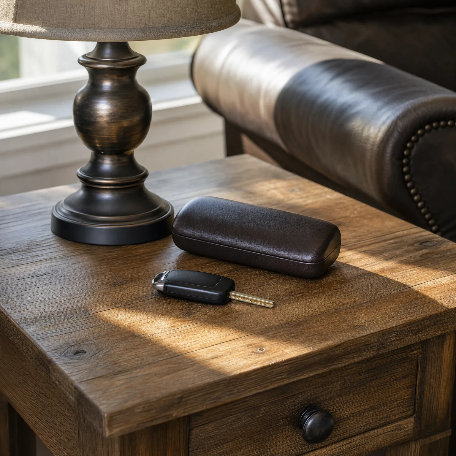 A black car key with a folding blade and a dark brown leather case rest on a rustic wooden side table beside a metal lamp base, with a leather armchair arm and a window behind.