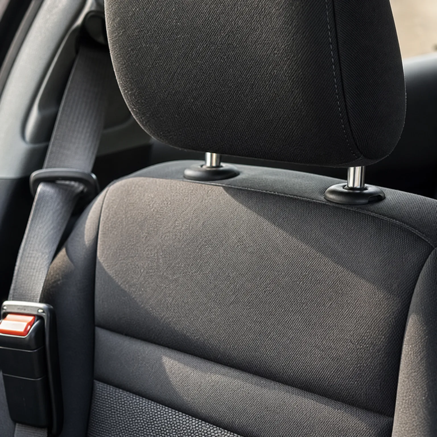 Close-up of a black cloth car seat back and headrest with metal posts, with a seat belt and red buckle release visible at left.