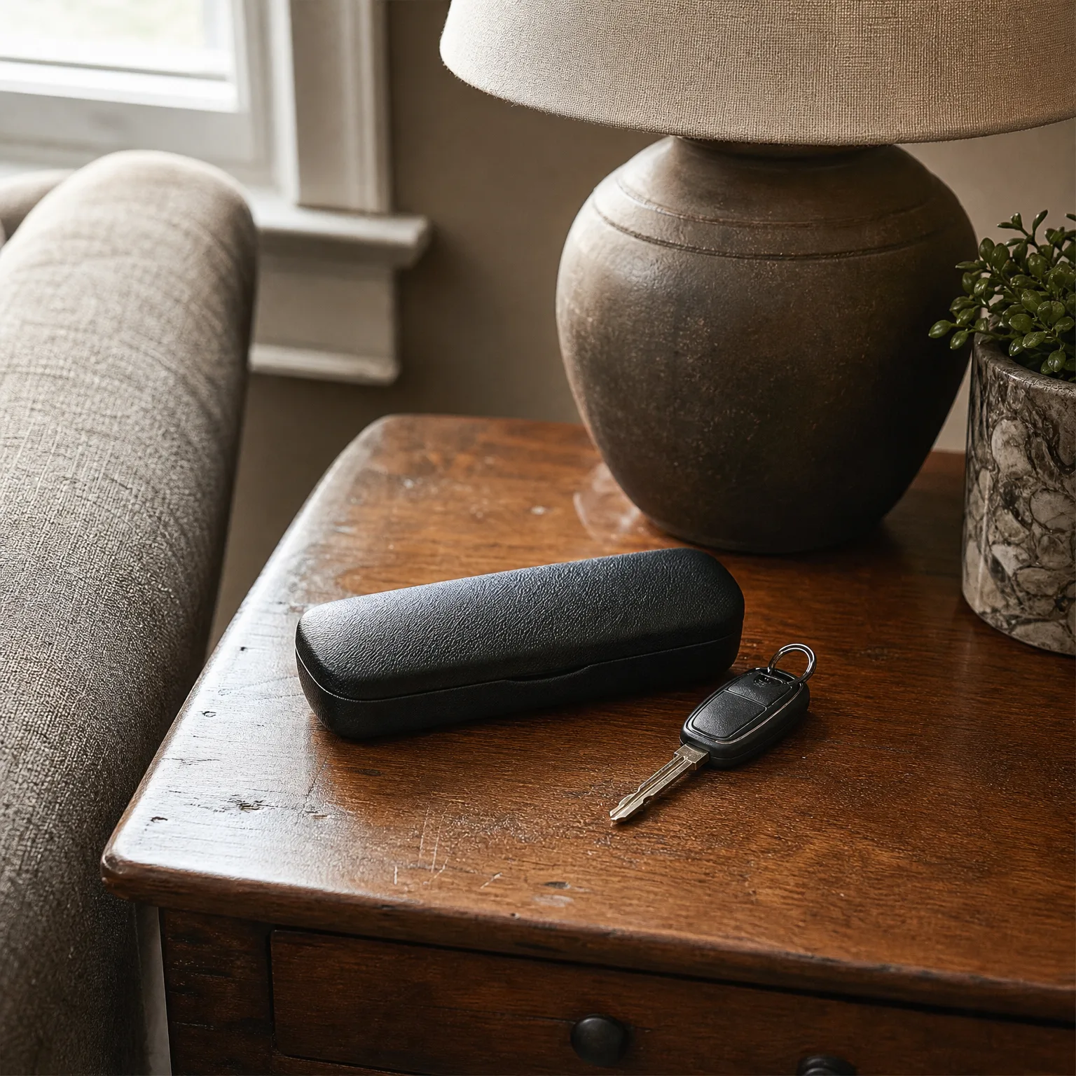 A black hard eyeglass case and a car key with remote fob rest on a worn wooden side table beside a ceramic lamp base and a potted succulent, with an upholstered sofa arm and window at left.