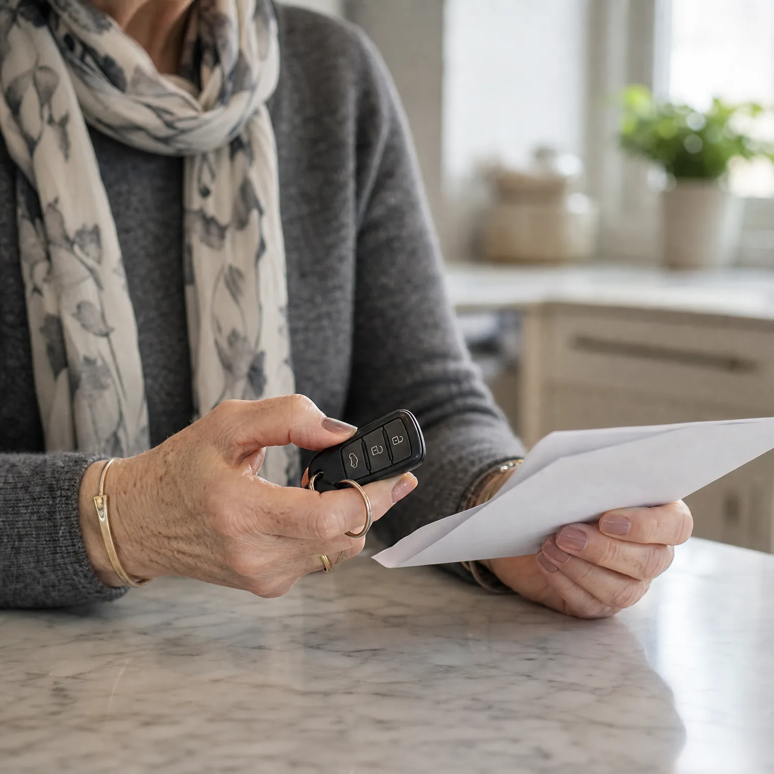 A person in a grey sweater and patterned scarf sits at a marble counter holding a black car key fob in one hand and a white envelope in the other.