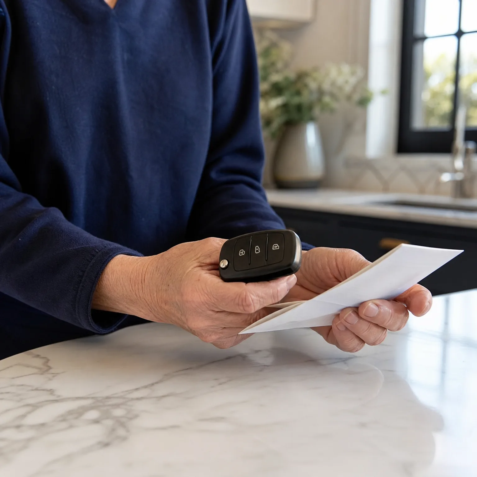 A person in a navy sweater stands at a white marble counter holding a black flip-style car key fob in one hand and a folded white envelope or paper in the other, with a kitchen window and plant blurred behind.