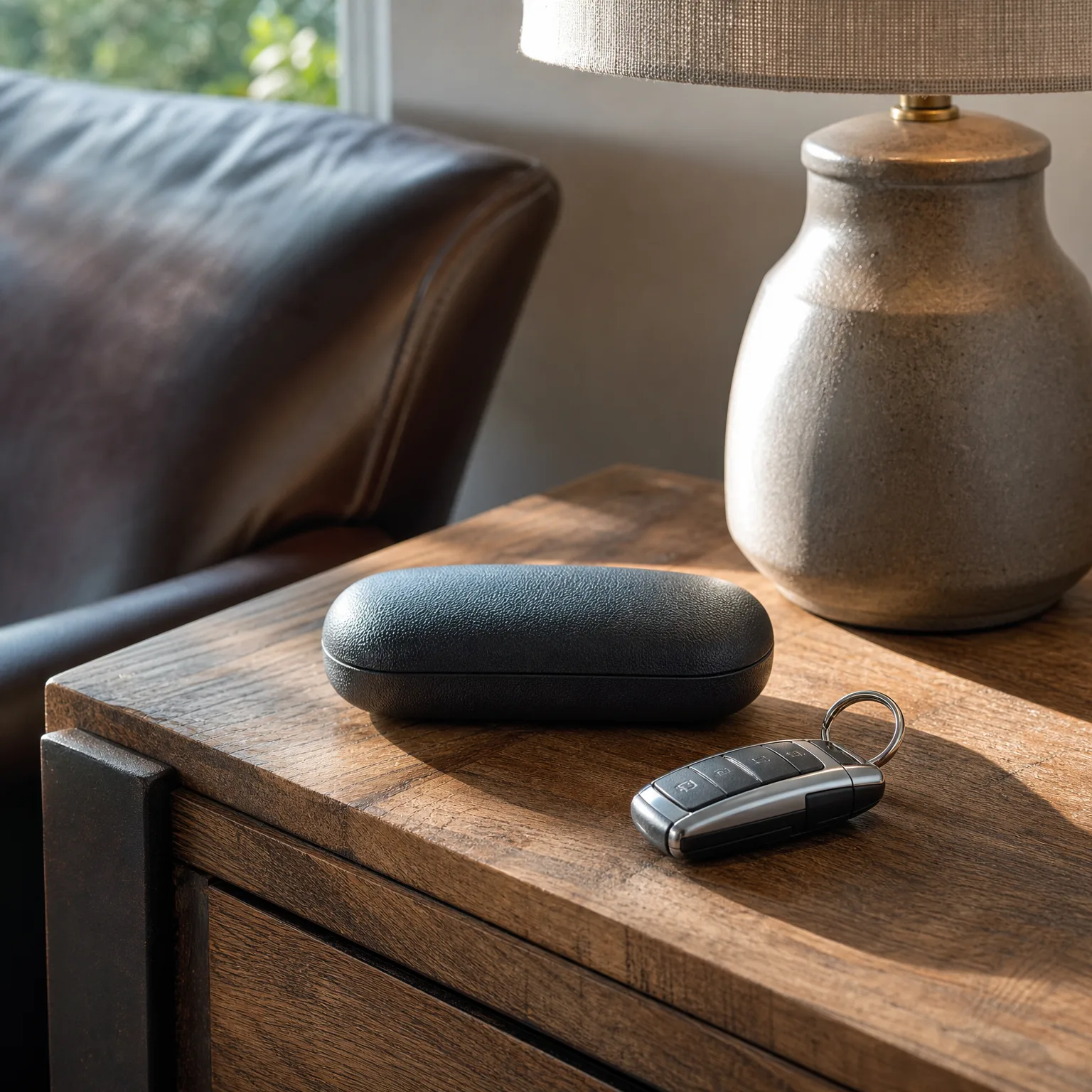 A black textured eyeglass case and a car key fob with a keyring rest on a wooden side table beside a ceramic lamp base, with a dark leather chair in the background.
