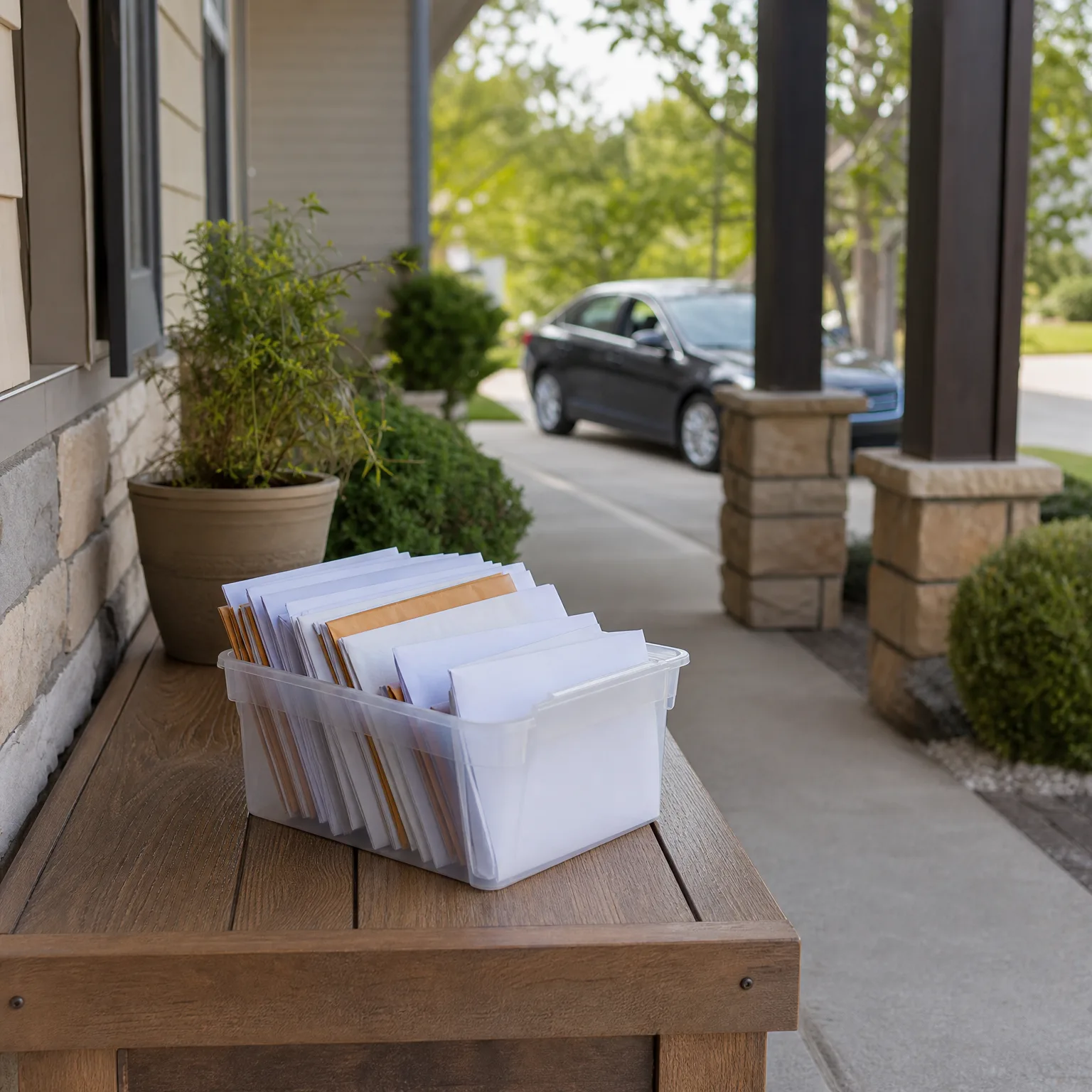 A clear plastic bin filled with upright white and manila envelopes sits on a wooden bench on a covered porch, with a potted plant, stone columns and a dark car parked in a driveway behind.
