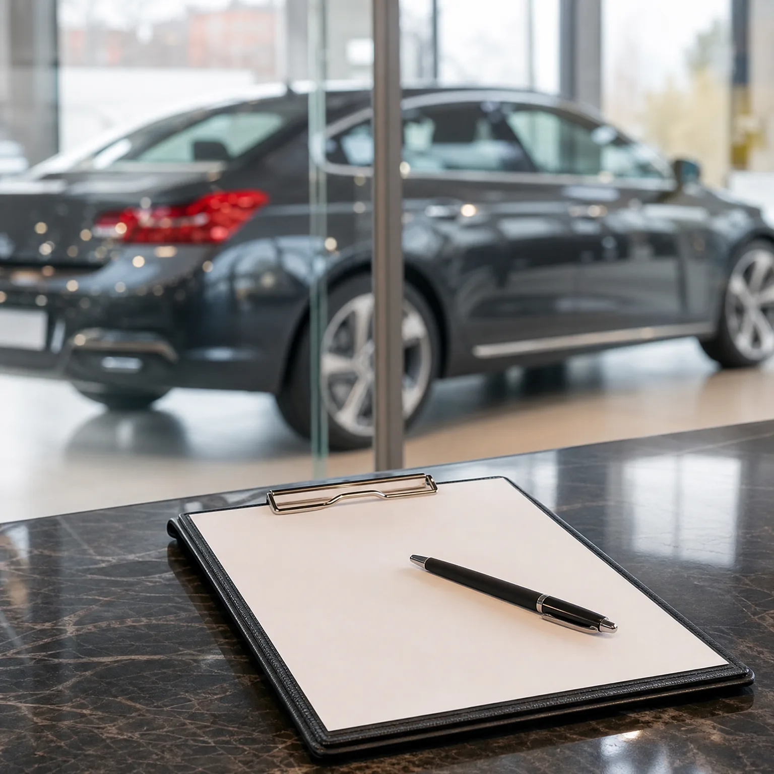 A black clipboard holding a blank sheet of paper with a pen resting on it, on a dark marble counter, with a dark sedan behind a glass partition in the blurred background.
