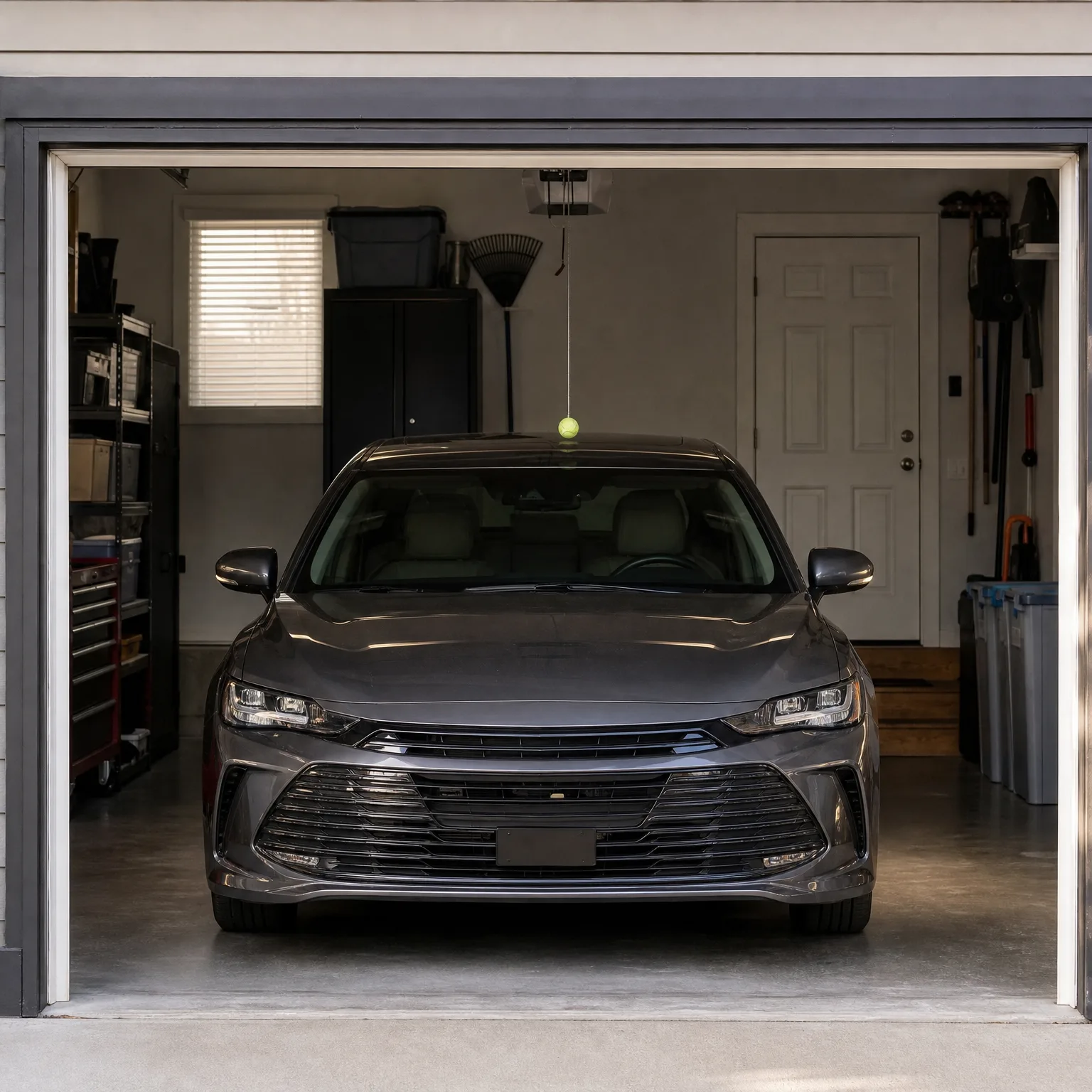 A gray sedan parked inside an open garage, with a tennis ball hanging from the ceiling near the windshield, a garage door opener overhead, storage cabinets and shelving on the left, and tools, bins and a white interior door on the right.