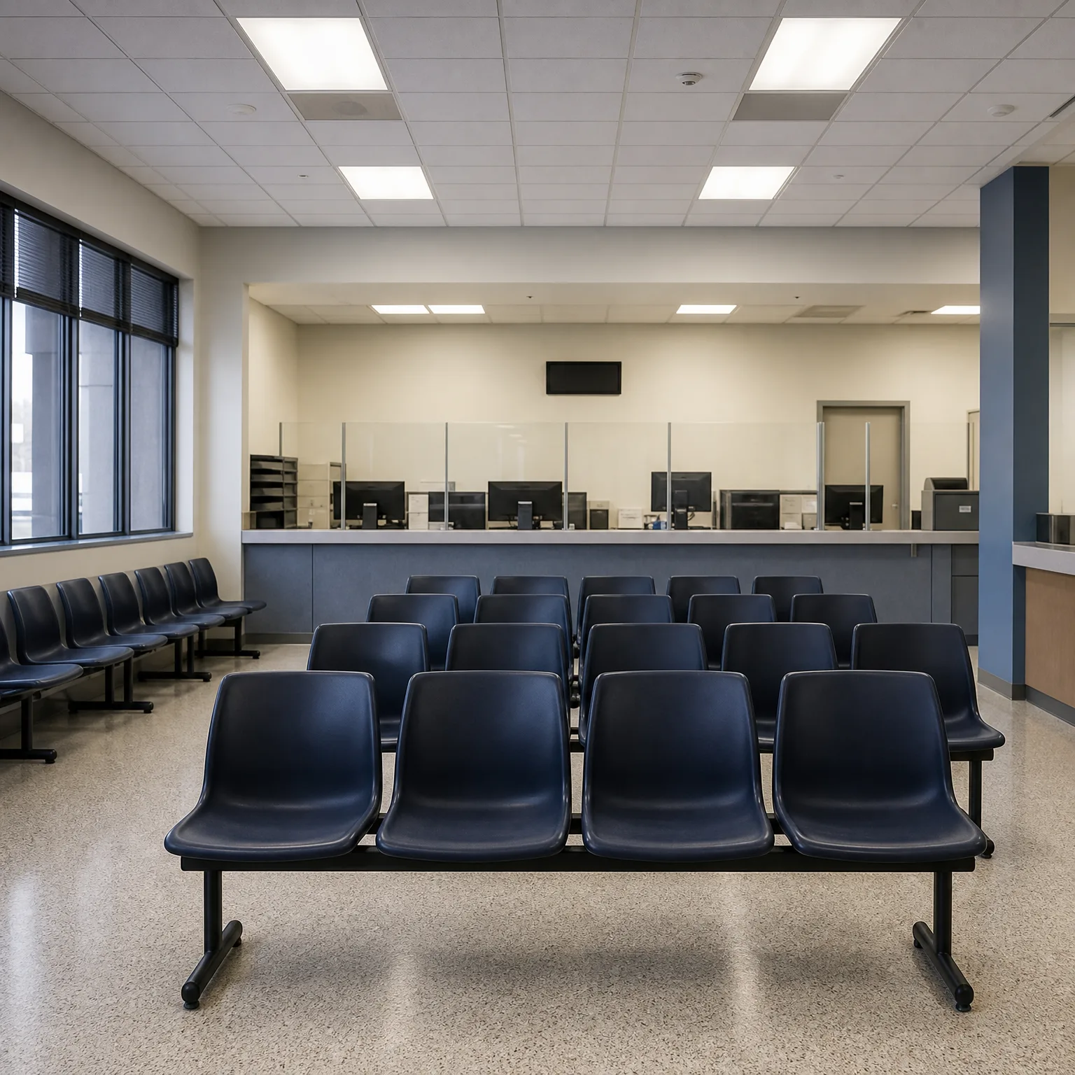 An empty indoor waiting area with rows of dark blue molded beam seating facing a long service counter with glass partitions, computer monitors, a wall-mounted screen, and a drop ceiling with recessed lights.