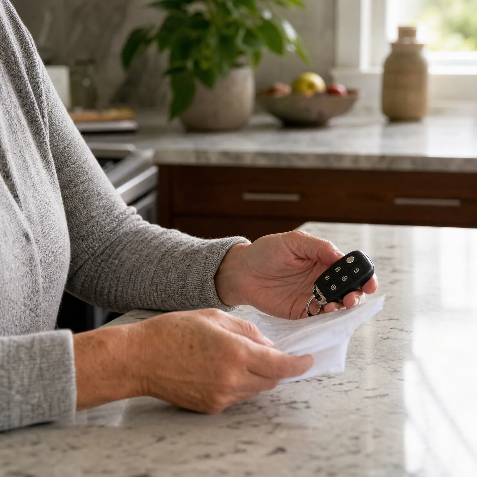 A person in a grey knit sweater stands at a speckled stone kitchen counter holding a black car key fob in one hand and a folded white paper document in the other.