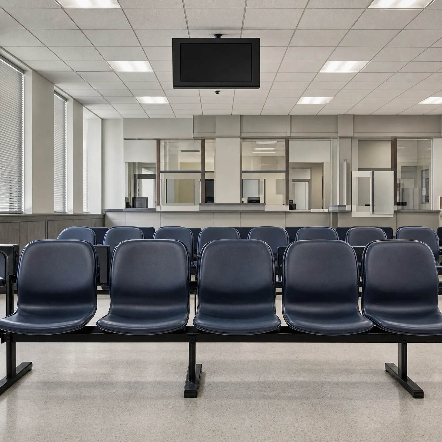 Empty waiting room with rows of dark blue beam-mounted chairs facing a service counter with glazed windows, a wall-mounted flat screen hanging from a suspended ceiling, and blinds on the left windows.