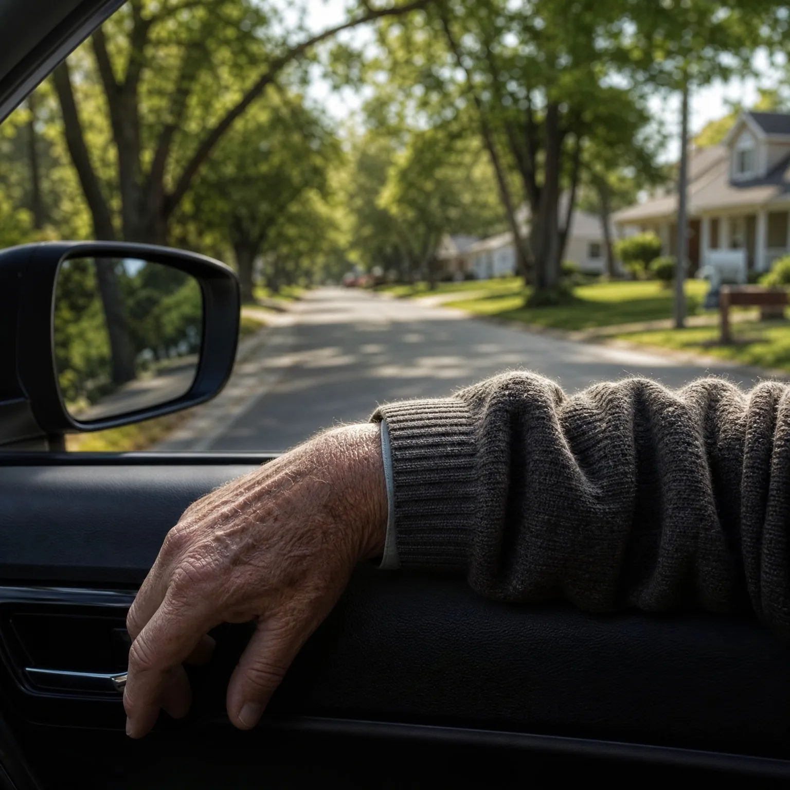 View from inside a car showing an older person's hand and gray knit sweater sleeve resting on the door sill, with the side mirror at left and a tree-lined residential street with houses and lawns beyond.