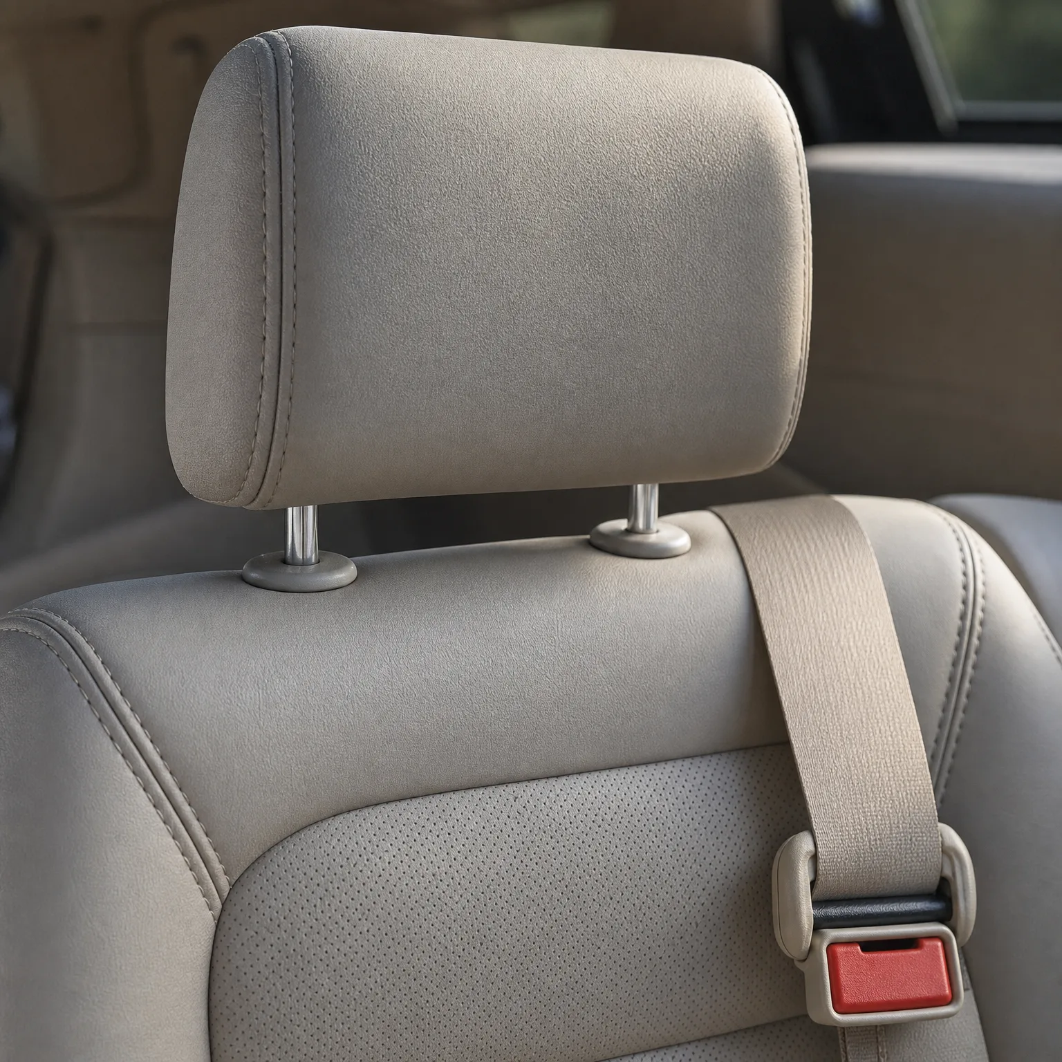 Close-up of a beige car seat headrest on metal posts, with a seat belt strap and red buckle release visible at lower right.