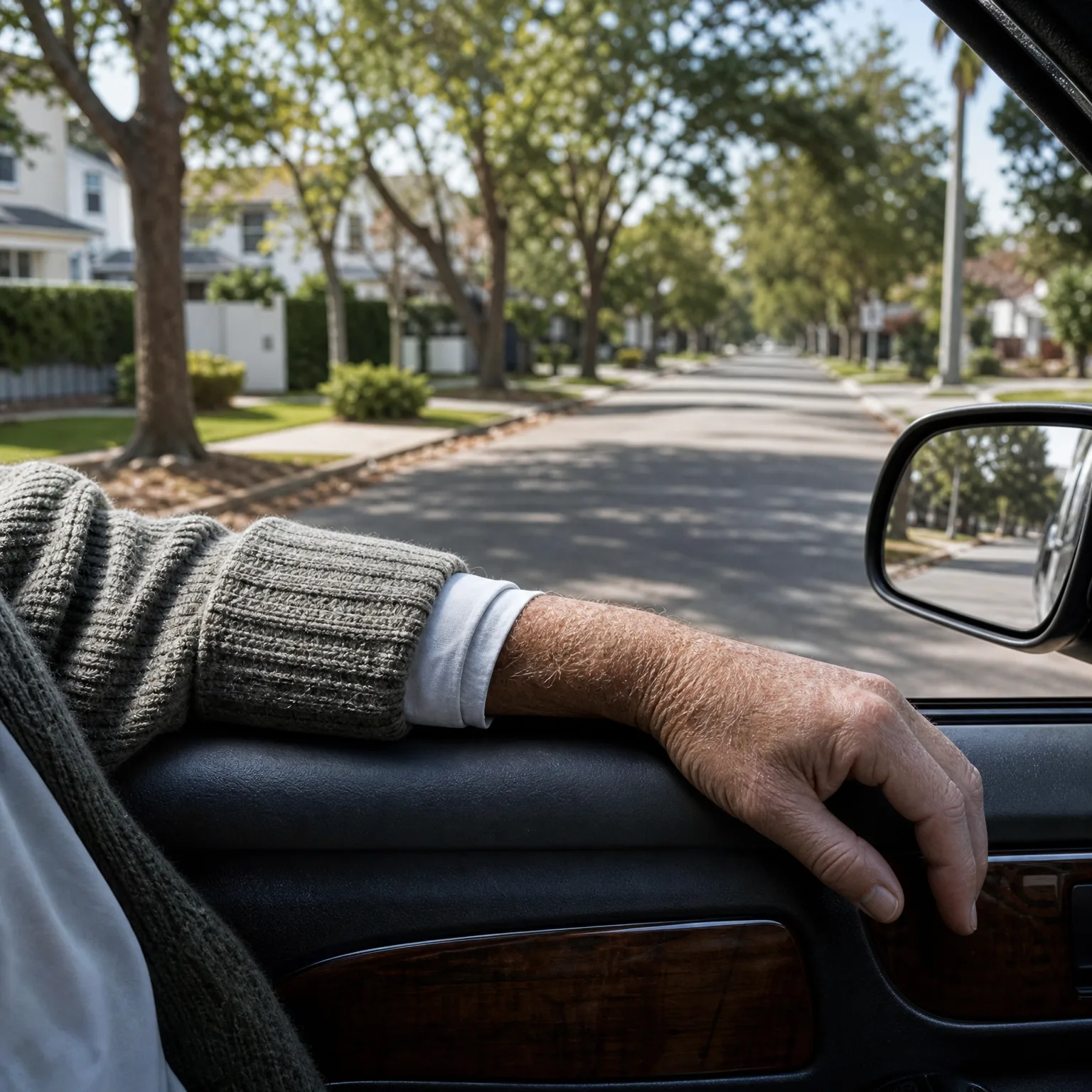 View from inside a car of a person's arm in a knit sweater resting on the door panel, looking out at a tree-lined residential street with houses and a side mirror at right.