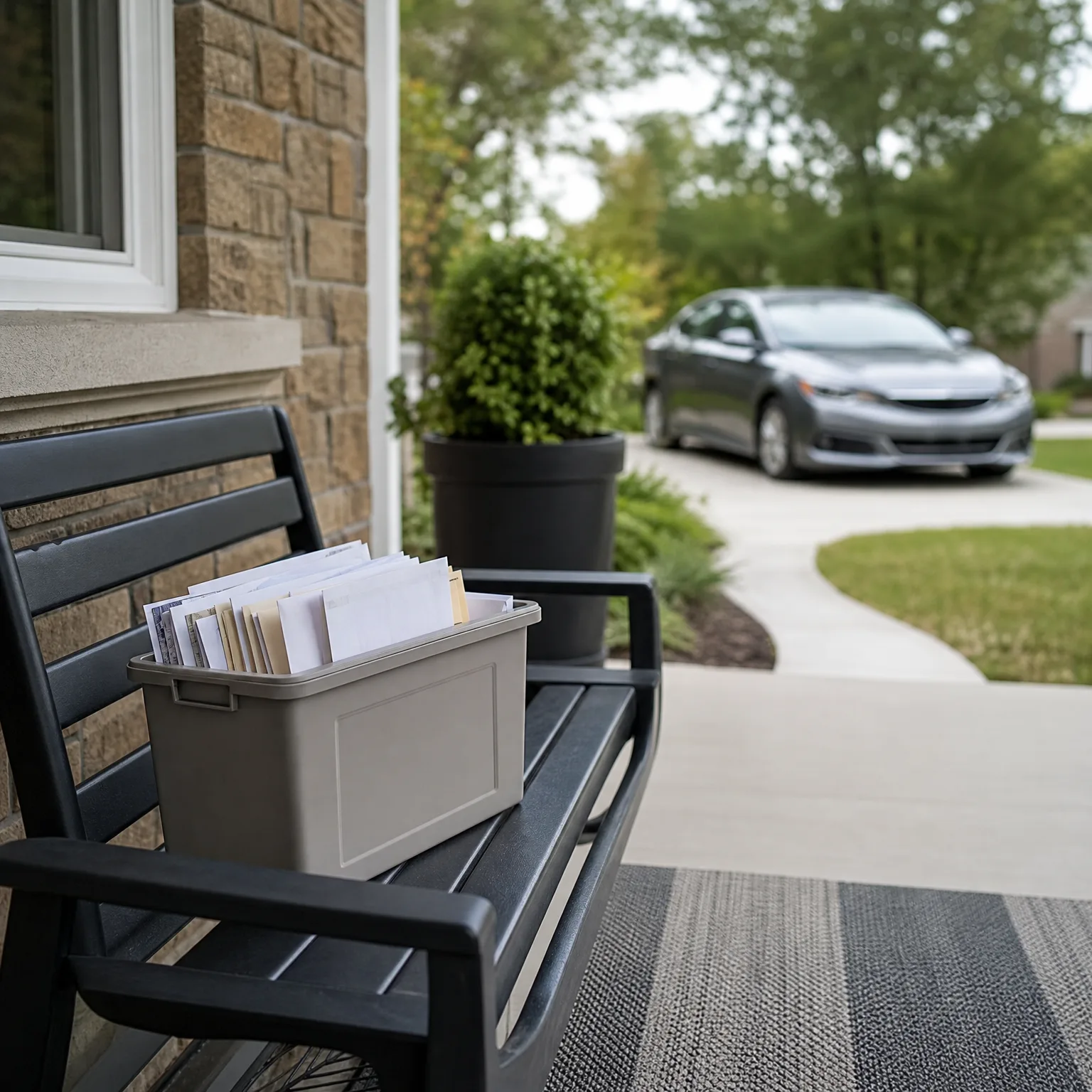A gray plastic bin full of mail and envelopes sits on a black bench on a porch of a stone-faced house, with a potted shrub, a walkway, and a silver car in the driveway blurred in the background.