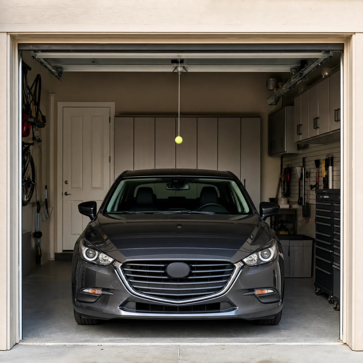 A dark gray sedan parked inside a single-car garage with a tennis ball hanging from the ceiling, cabinets and a tool chest along the walls, and a bicycle hung on the left wall.