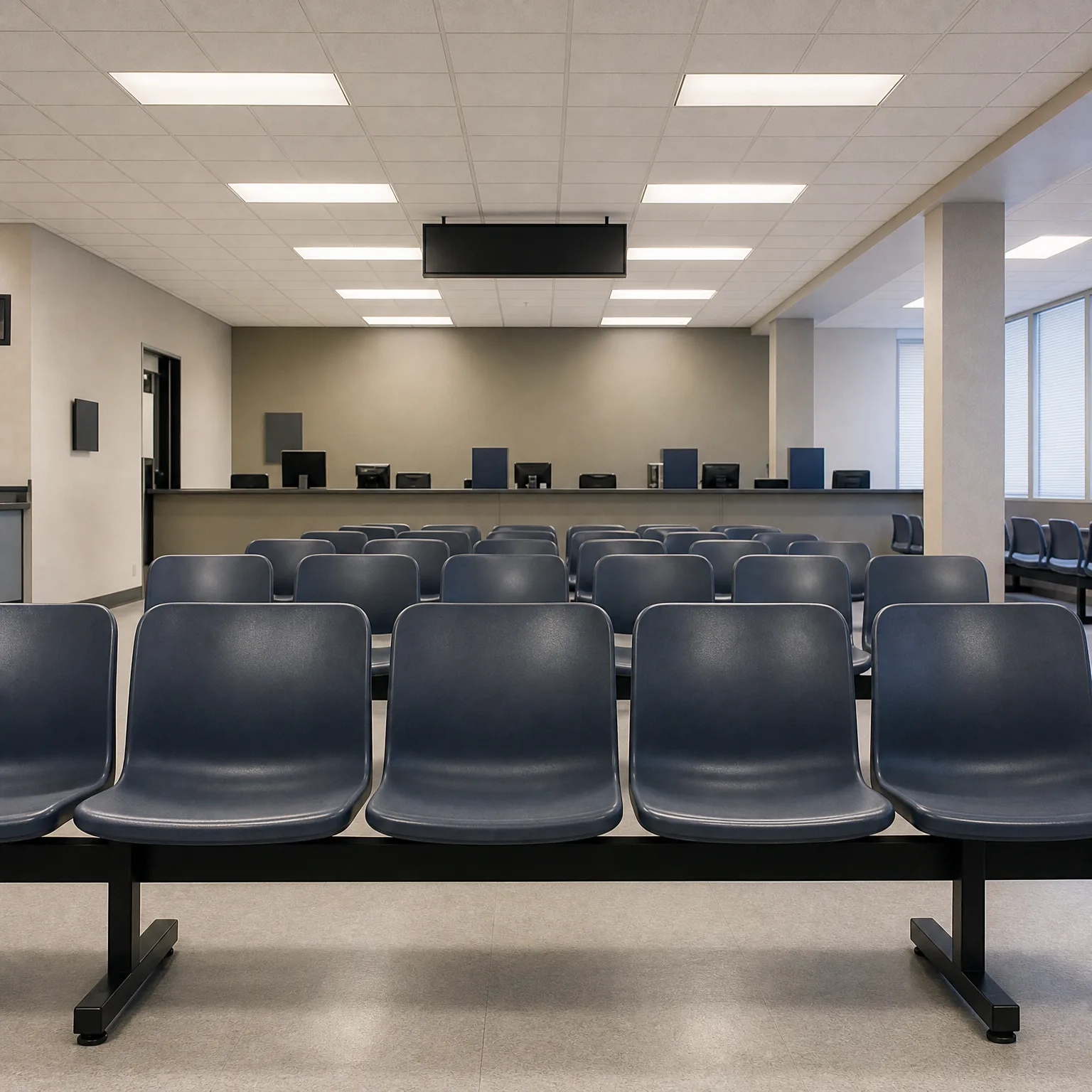 Empty waiting room with rows of dark blue beam-mounted seats facing a long service counter with monitors, under a suspended ceiling with recessed panel lights.