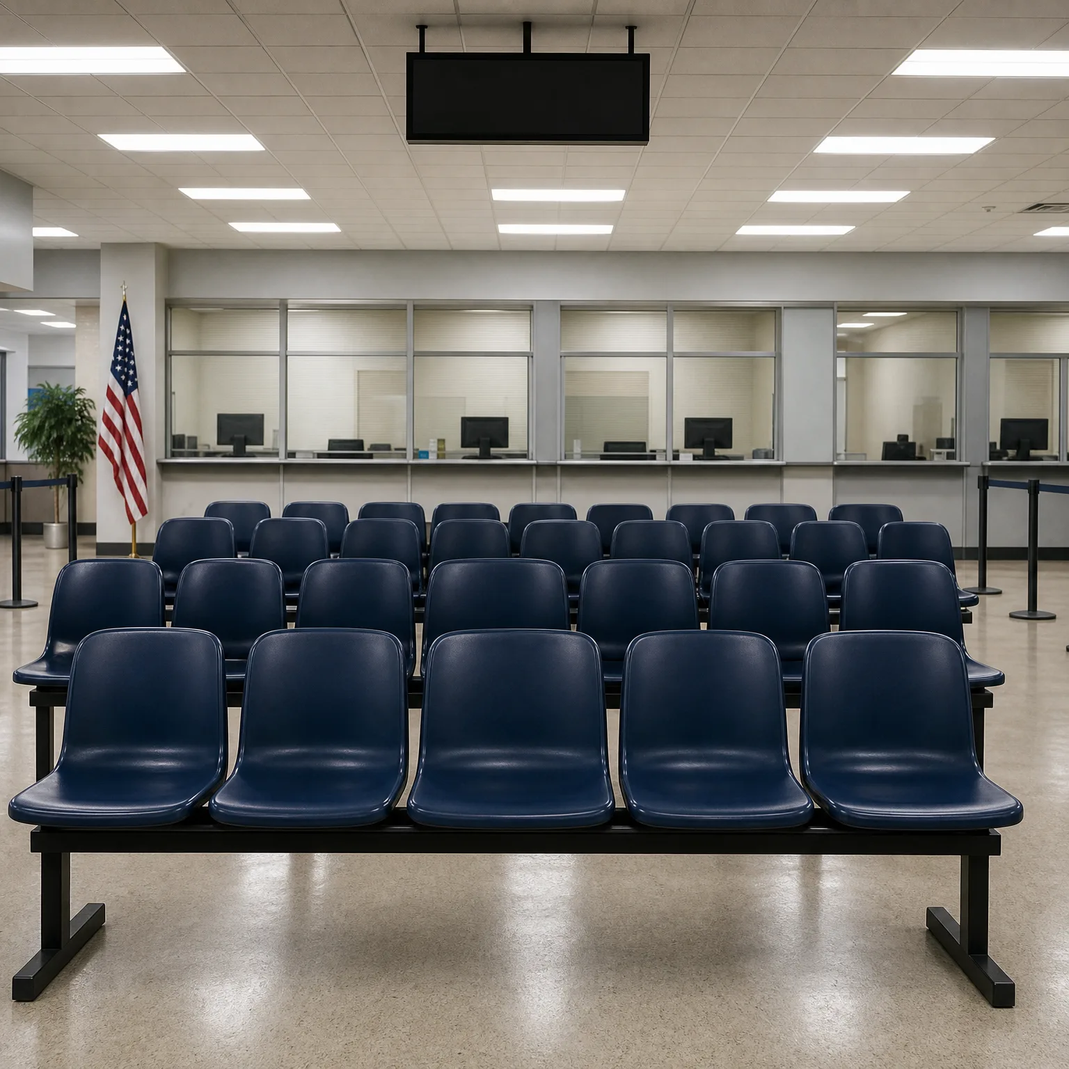 Empty indoor waiting area with rows of dark blue molded plastic beam seating facing glass-fronted service counters, a blank ceiling-mounted screen, a flag, and a potted plant.