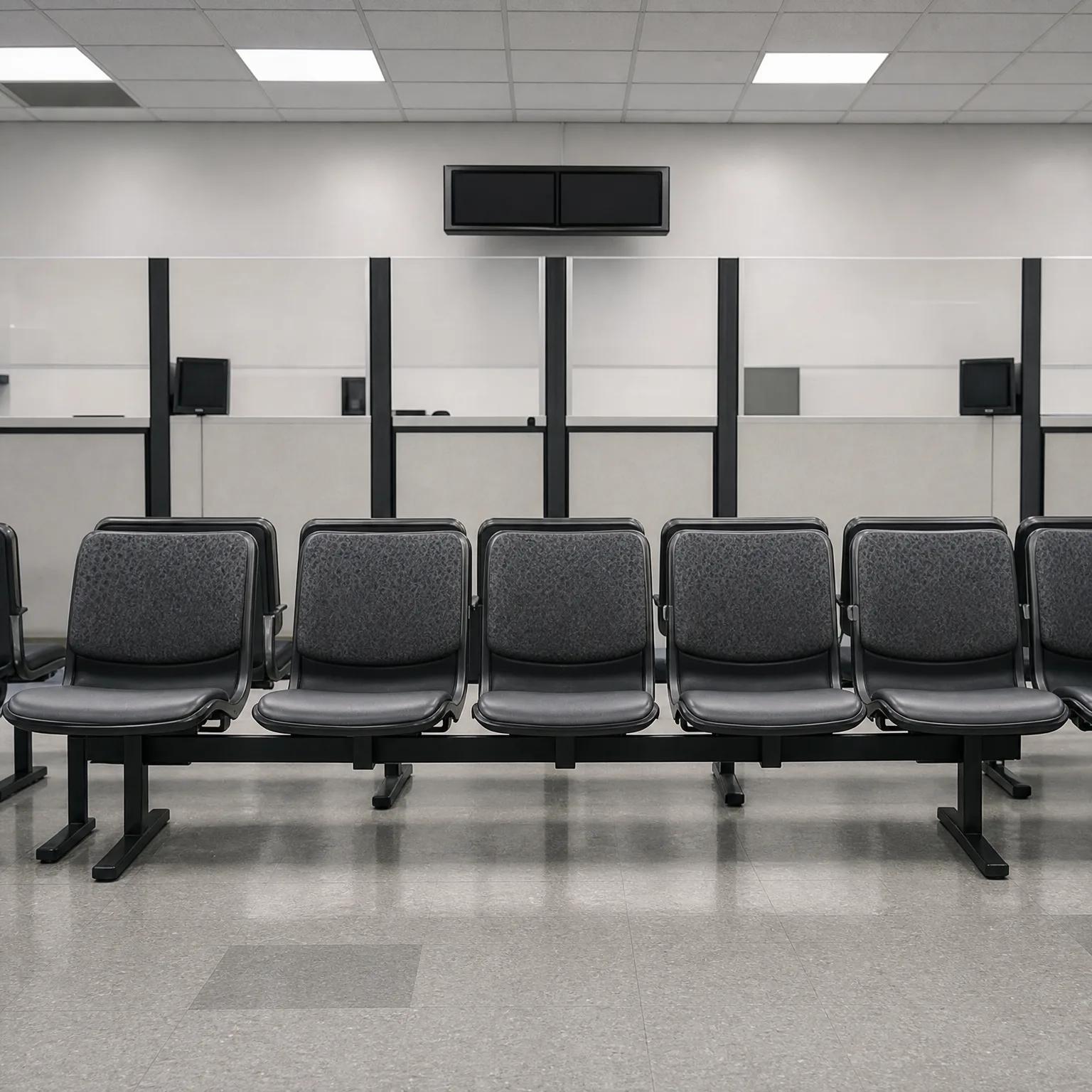 Row of empty gray upholstered beam seating in a waiting area with a speckled tile floor, service counter windows, and a ceiling-tile grid with recessed lights.