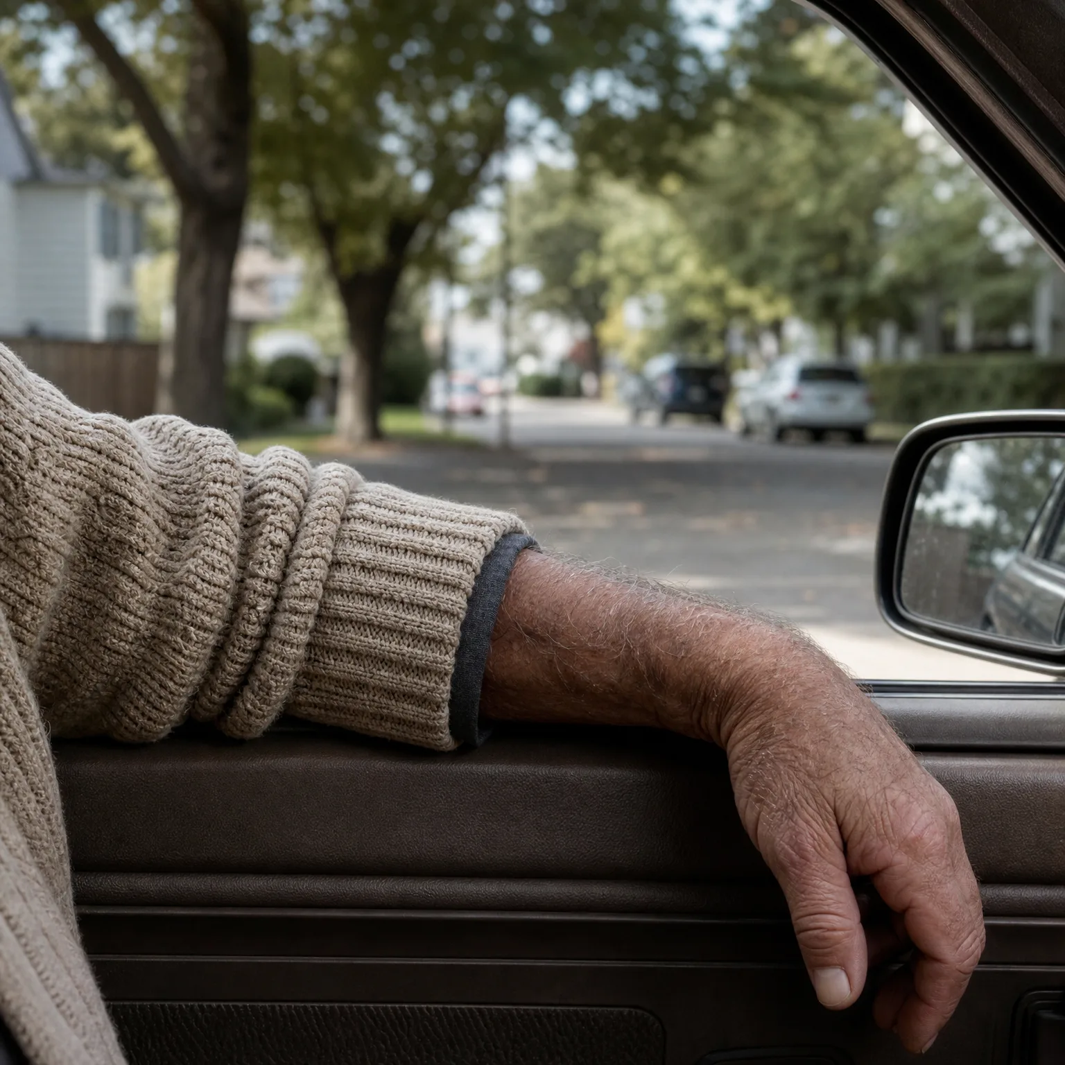 Close-up of an older person's arm in a knit sweater resting on a car door sill with the window down, looking out at a tree-lined street with parked cars and houses.