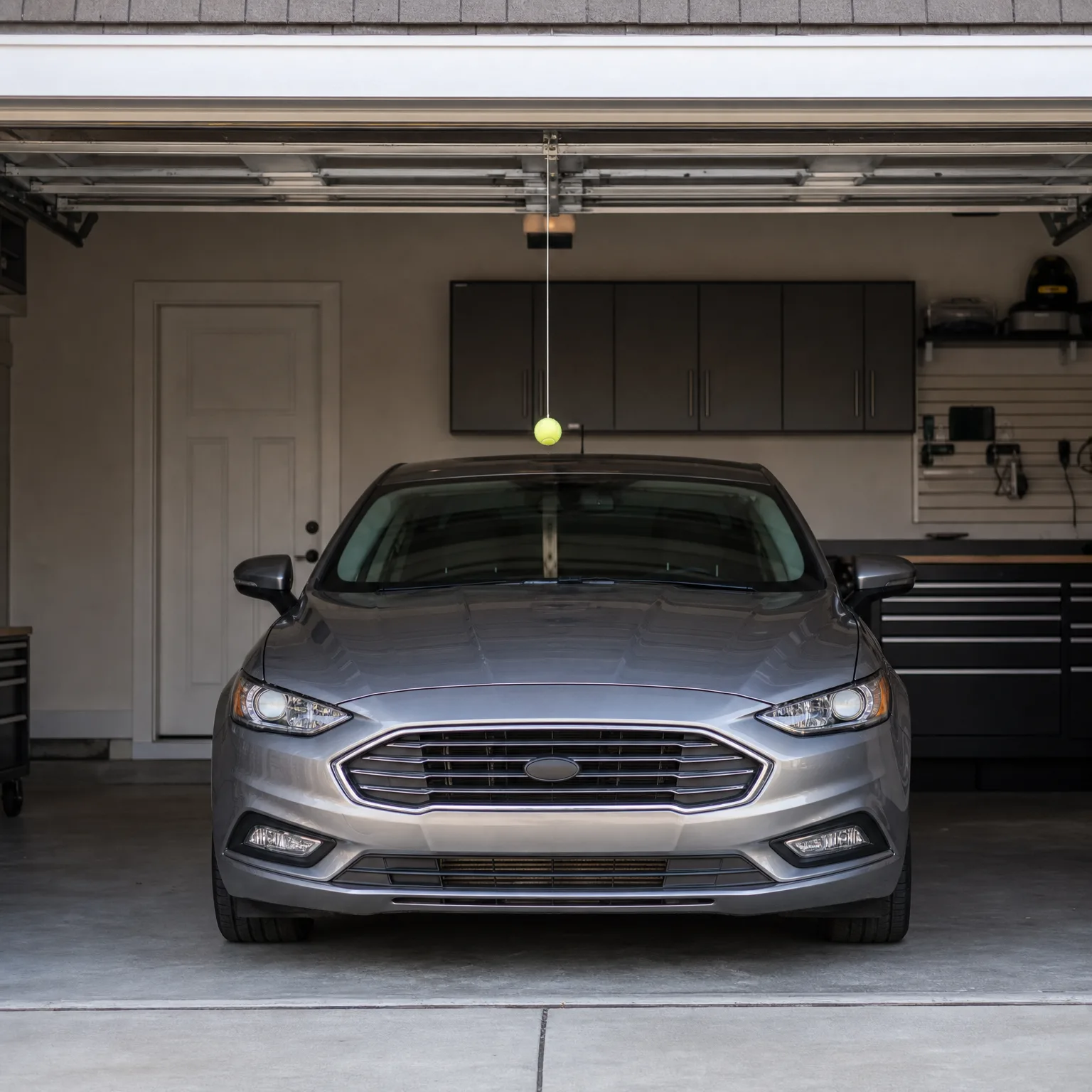 A silver sedan parked inside an open garage, with a tennis ball hanging on a string from the ceiling opener, dark wall cabinets, a workbench, and a white interior door.