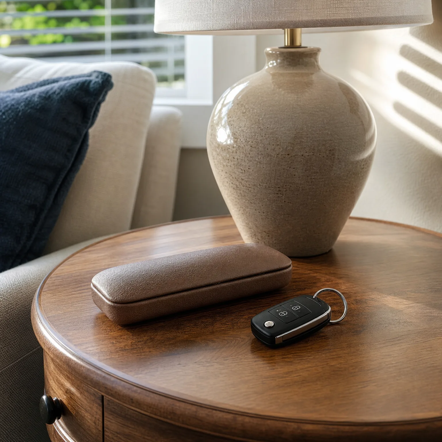 A round wooden side table holding a brown hard glasses case and a black folding car key fob, with a ceramic table lamp behind it and a light sofa with a dark blue pillow at left.