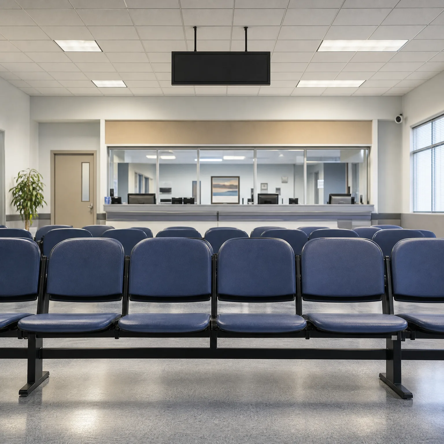 Empty waiting room with rows of blue padded beam seating facing a glass-fronted reception counter, under a suspended ceiling with recessed lights and a blank ceiling-mounted display.