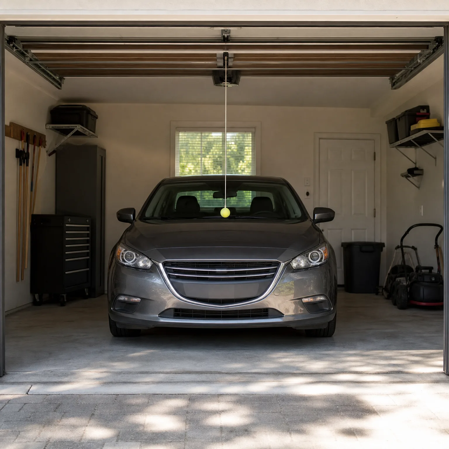 A gray sedan parked inside an open garage with a tennis ball hanging from a string above the windshield, a tool chest and long-handled tools on the left, and a lawn mower and trash can on the right.