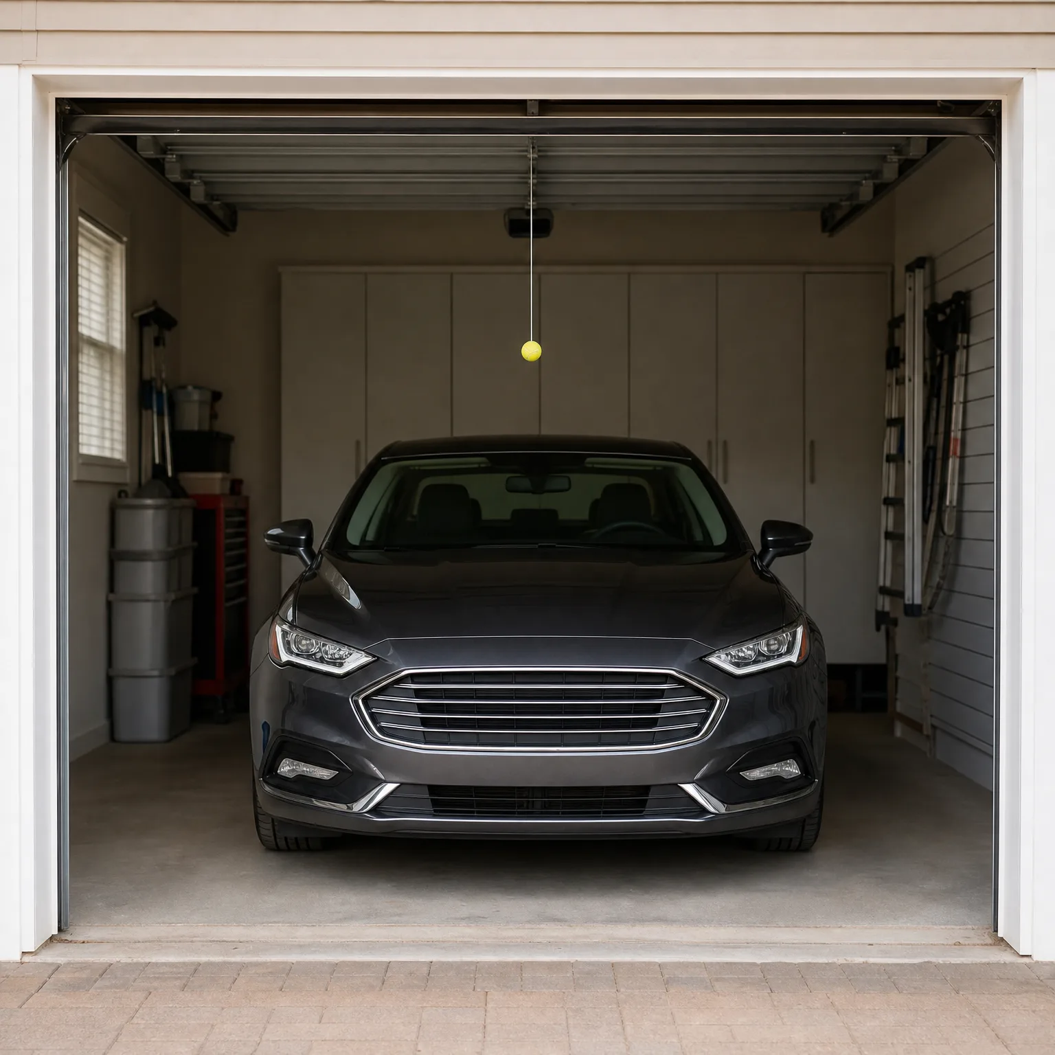 A dark gray sedan parked in an open single-car garage with white cabinets on the back wall, a tennis ball hanging from the ceiling opener, and shelving, trash cans and a ladder along the side walls, seen from a paver driveway.