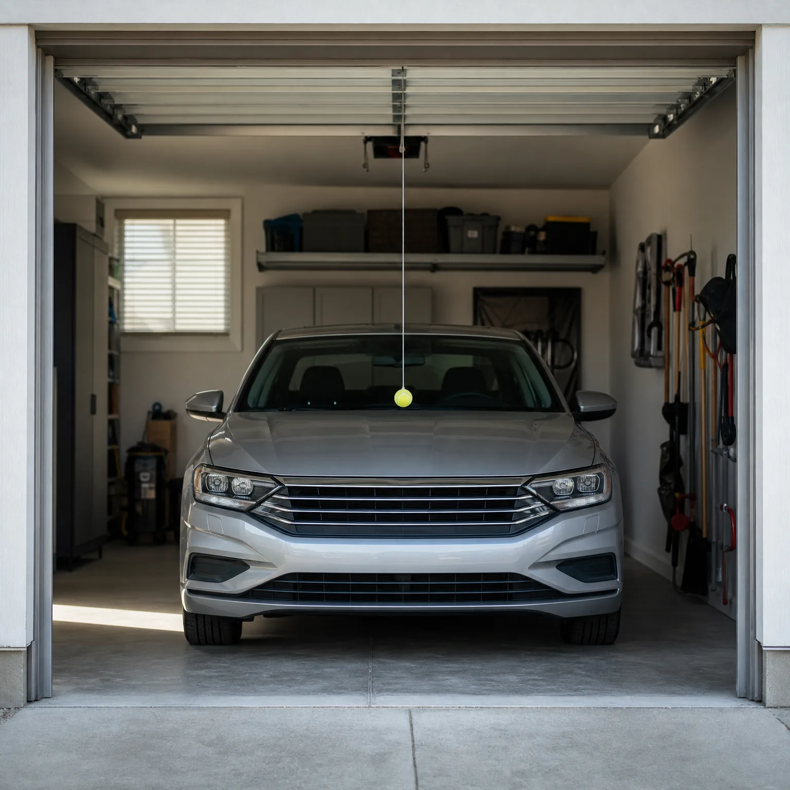 A silver sedan parked inside an open single-car garage, with a yellow tennis ball hanging on a string from the ceiling opener, shelving and storage bins along the back wall, and long-handled tools hung on the right wall.