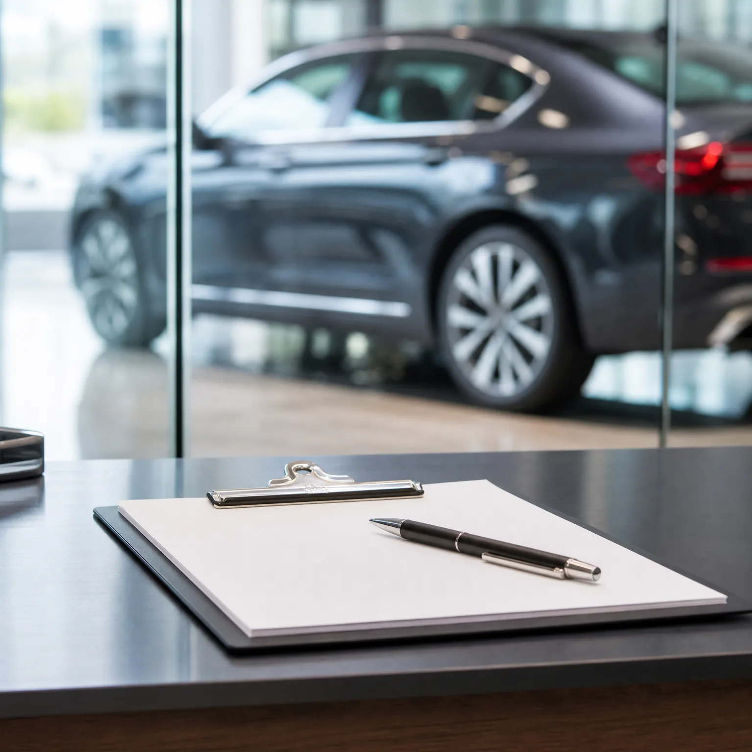 A clipboard with blank paper and a black pen on a dark counter, with a dark sedan blurred behind a glass partition.