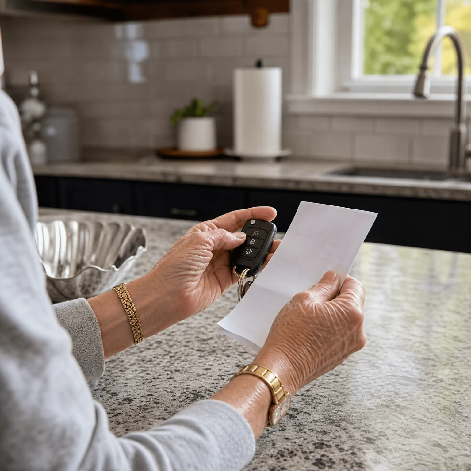 Close-up of a person's hands at a granite kitchen counter holding a black car key fob and a blank sheet of white paper, with a sink, window and tiled backsplash behind.