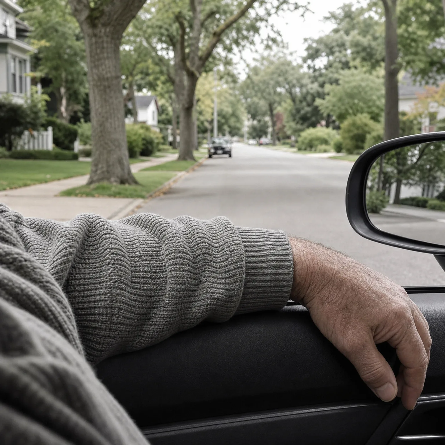 View from inside a car of a person's arm in a gray knit sweater resting on the open window sill, with a tree-lined residential street and side mirror visible ahead.