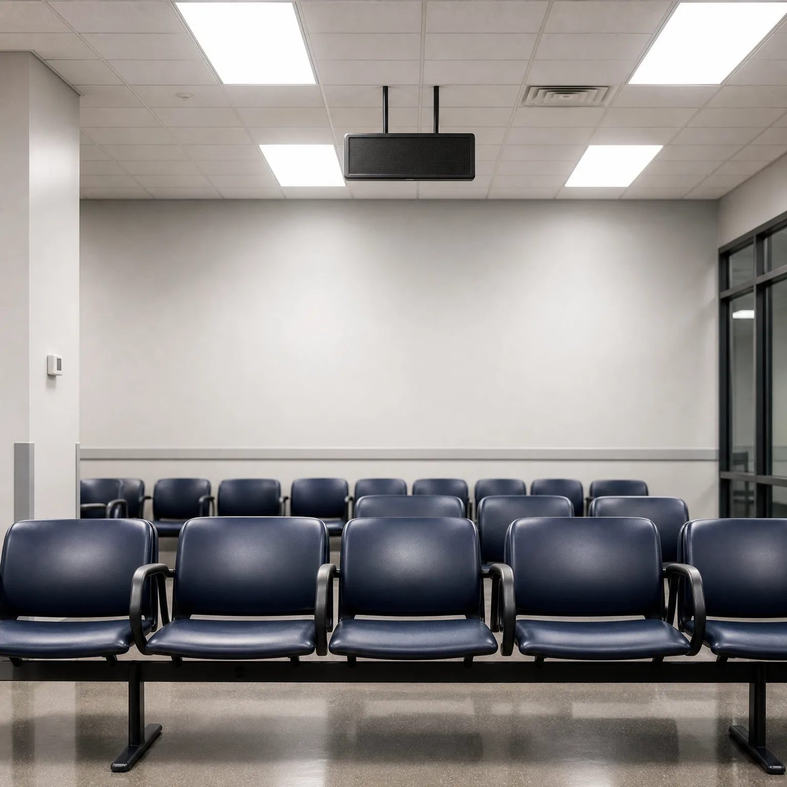 Empty waiting room with rows of dark blue beam-mounted chairs facing a plain white wall, under a suspended ceiling with recessed light panels, a ceiling-mounted speaker or monitor, an air vent, and a glass-walled area at right.