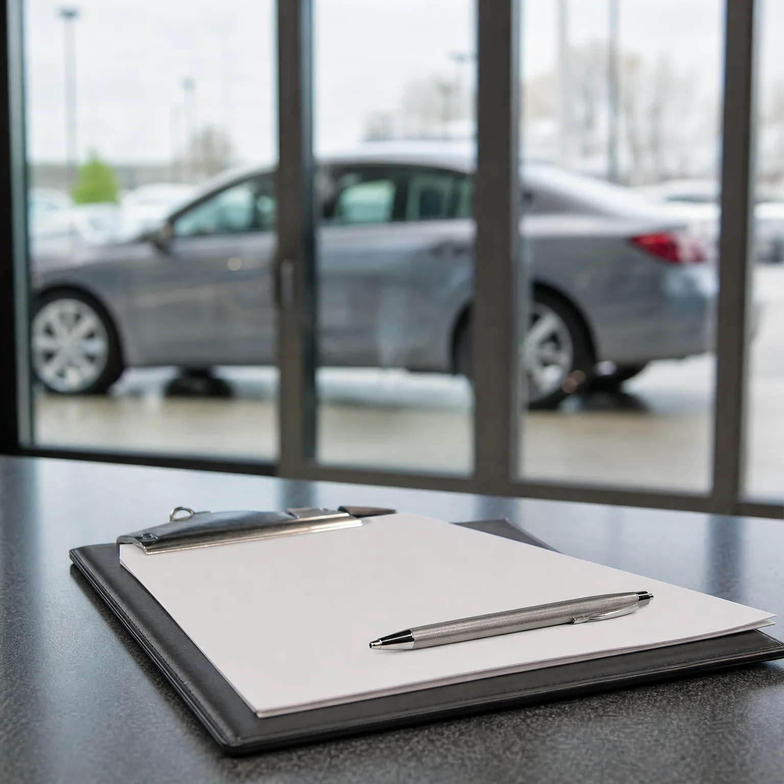 A clipboard with a blank sheet of paper and a silver ballpoint pen rests on a dark countertop in front of a large window, through which a blurred gray sedan is parked outside.