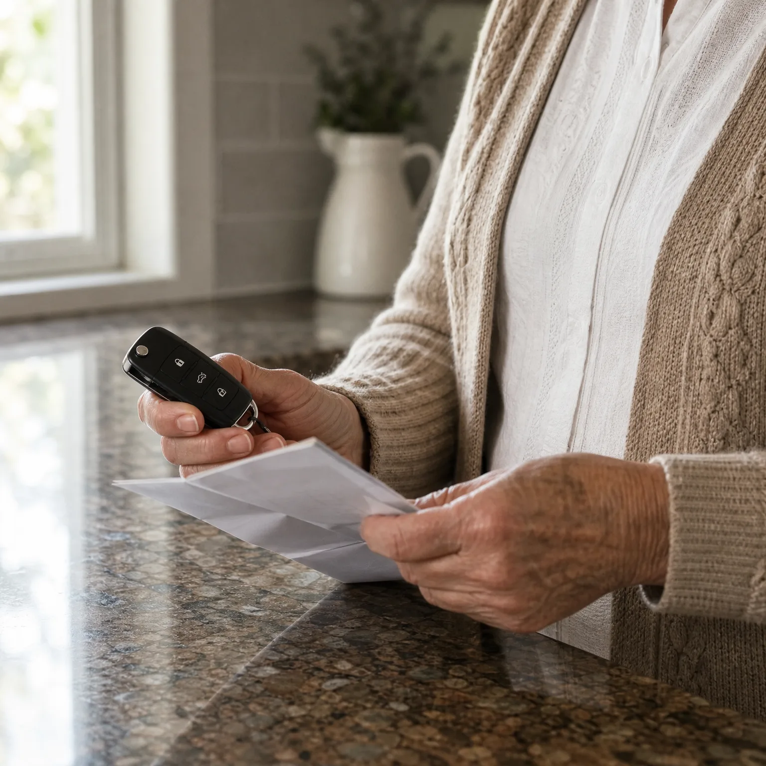 A person in a cream cardigan stands at a speckled granite countertop, holding a black remote car key in one hand and a white envelope in the other.