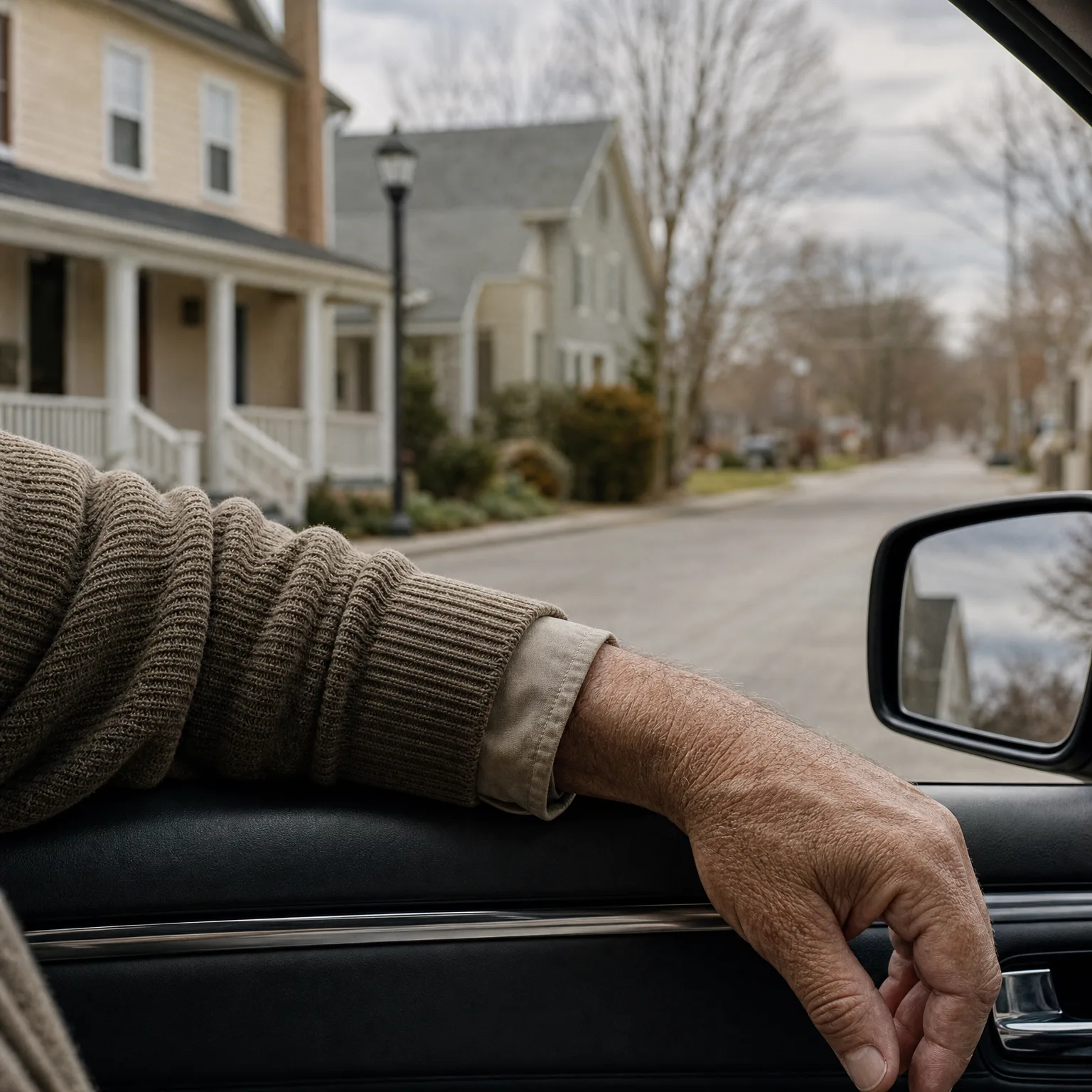 View from inside a car of a person's arm in a knit sweater resting on the open window frame, with a side mirror at right and a residential street of houses and bare trees beyond.
