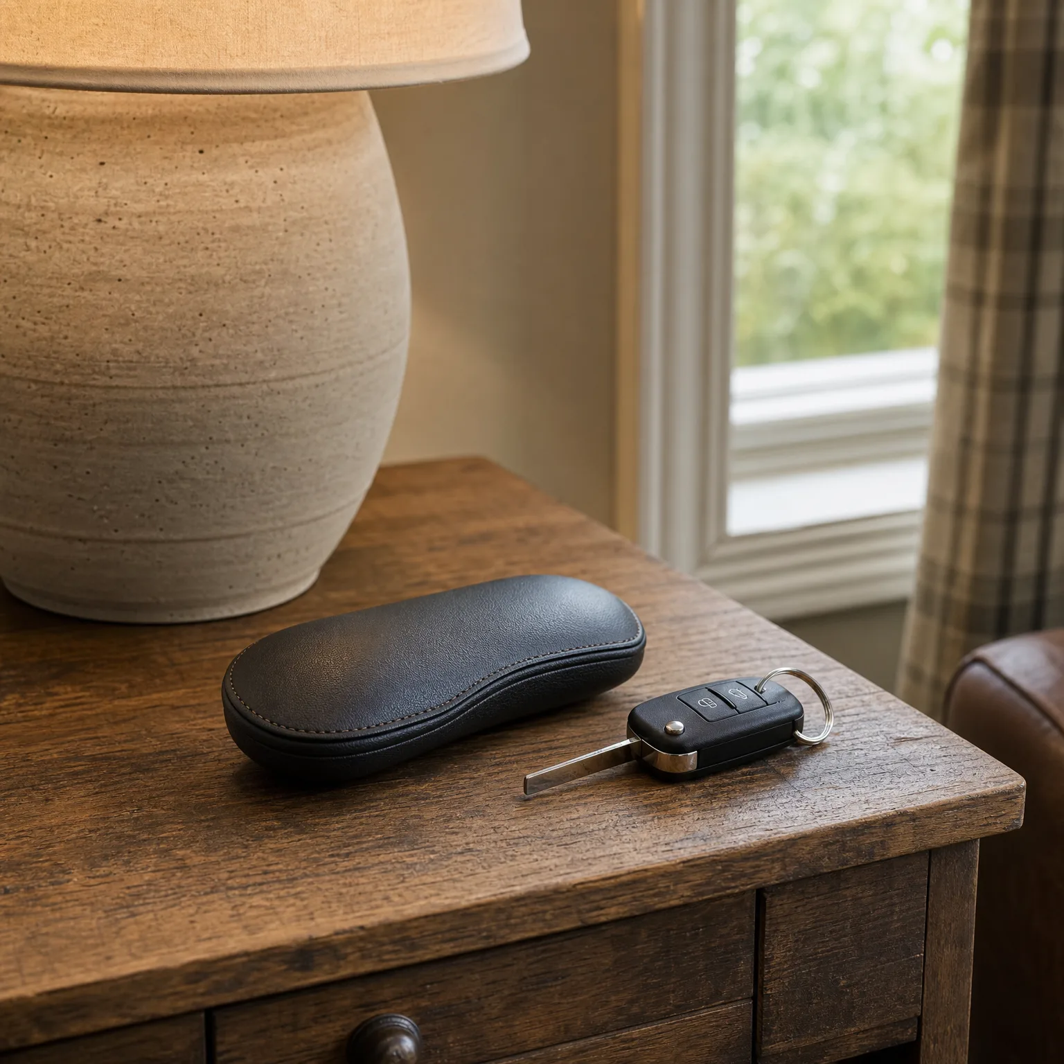 A black leather glasses case and a black flip car key with a metal ring rest on a wooden side table beside a ceramic lamp base, with a window and plaid curtain behind.