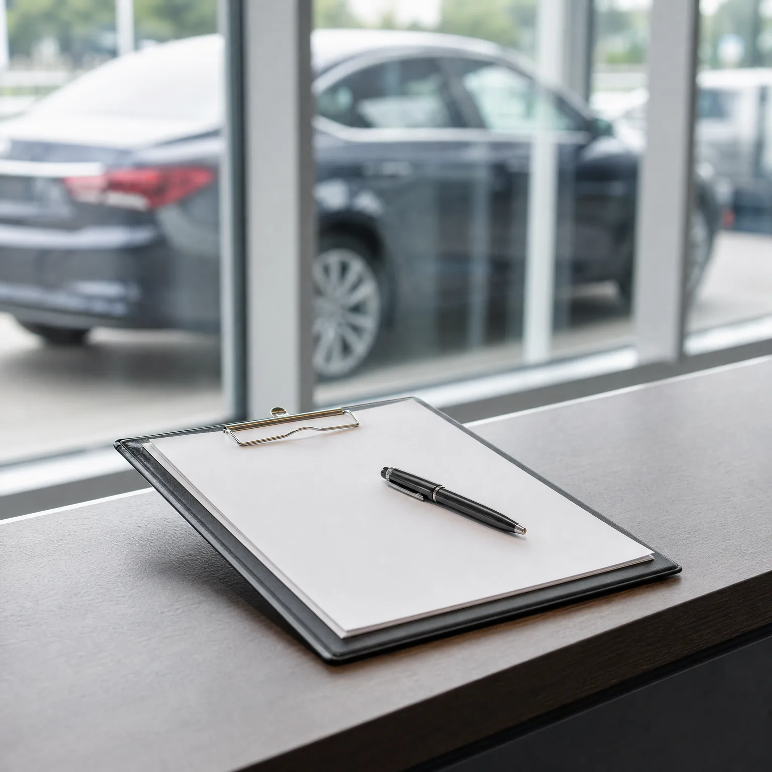 A clipboard with blank white paper and a black pen rests on a dark countertop beside a window, with a dark sedan parked outside in the blurred background.