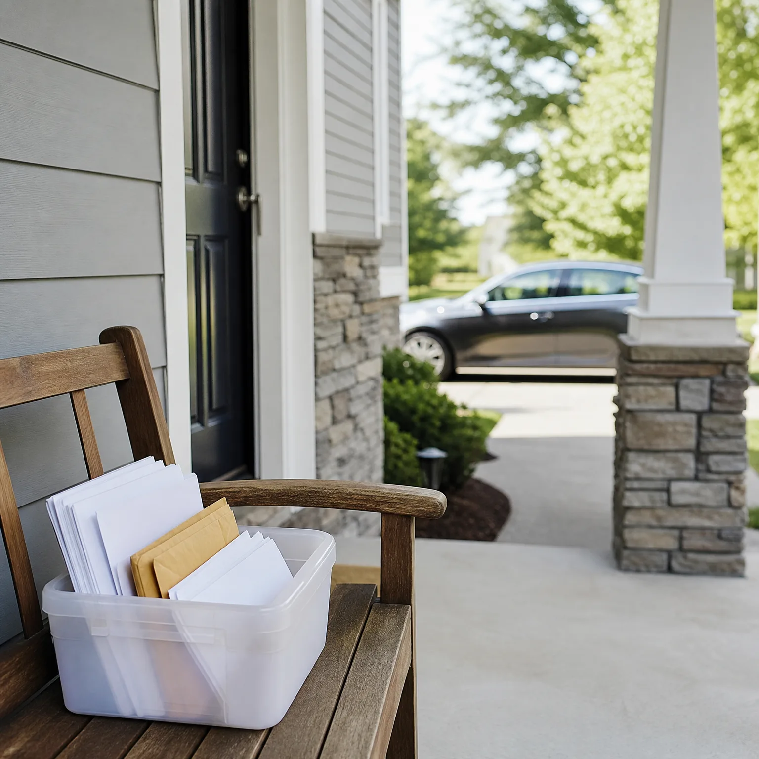 A clear plastic bin filled with white envelopes and padded mailers sits on a wooden bench on a covered porch beside a dark front door, with a blurred dark car parked in the driveway behind.