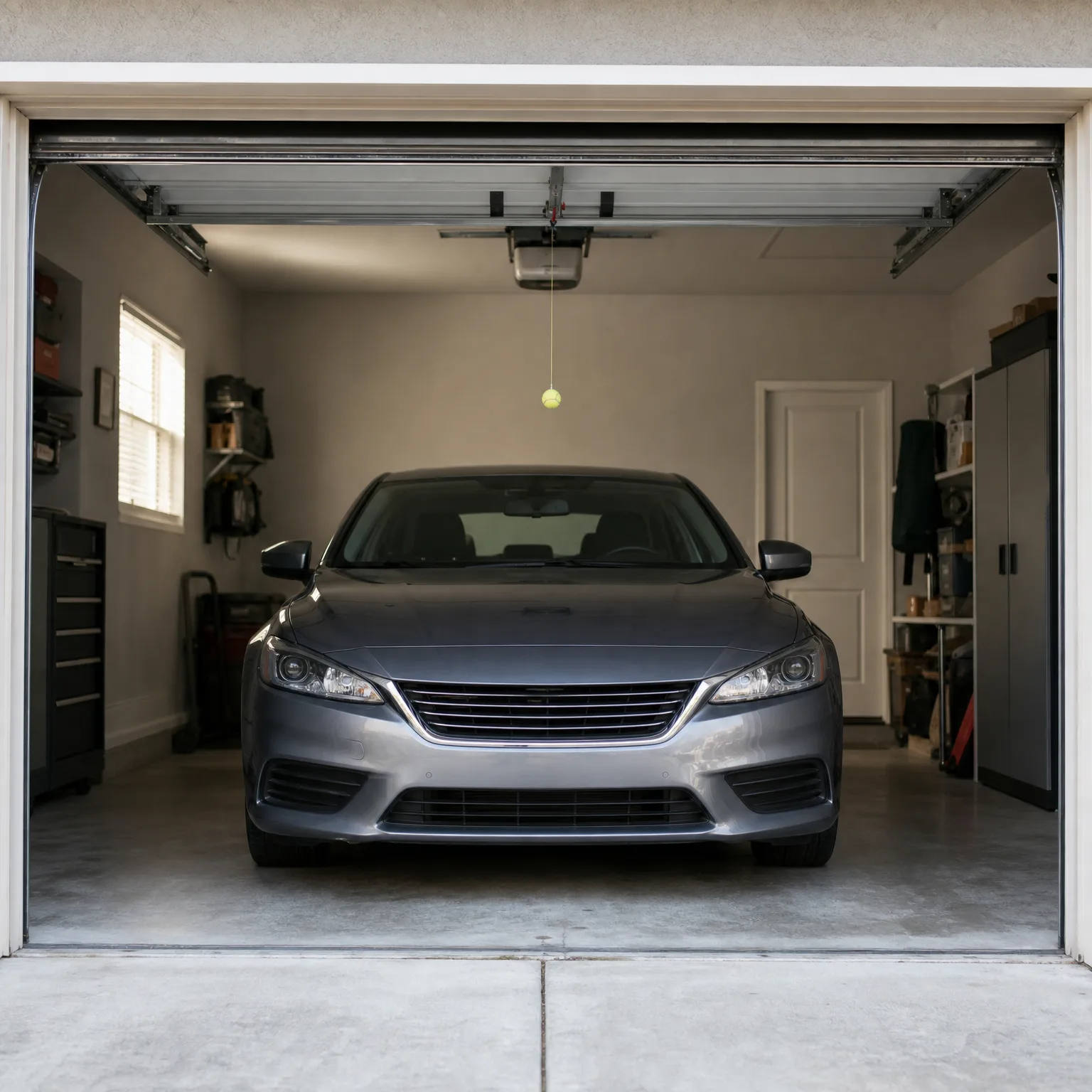 A gray sedan parked inside an open single-bay garage with a ceiling-mounted door opener, a tennis ball hanging from a string, shelving, cabinets and a white interior door along the walls.