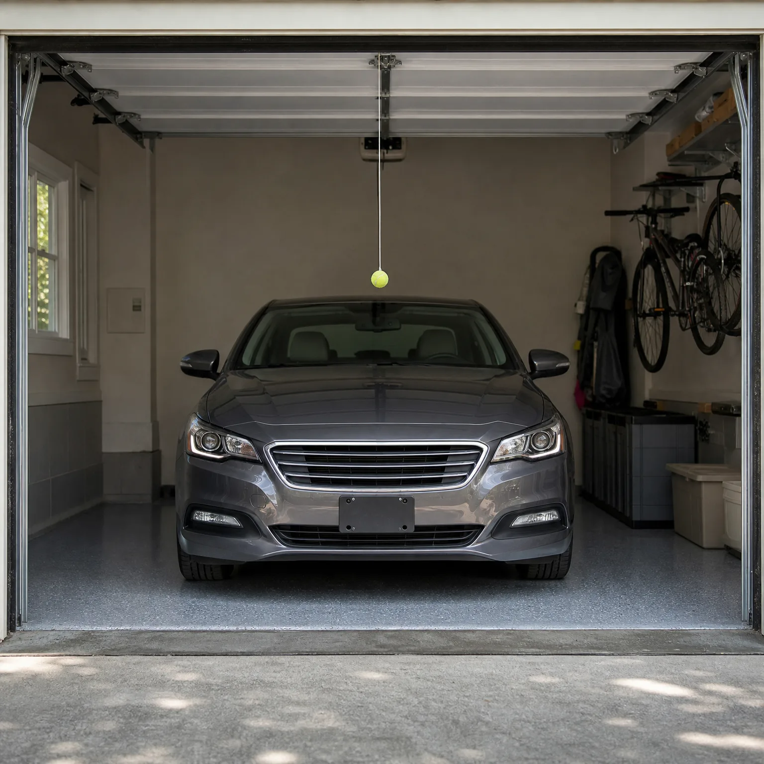 A gray sedan parked in an open single-car garage with a tennis ball hanging from a string below the door opener, a window and electrical panel on the left wall, and bicycles and storage bins on the right.