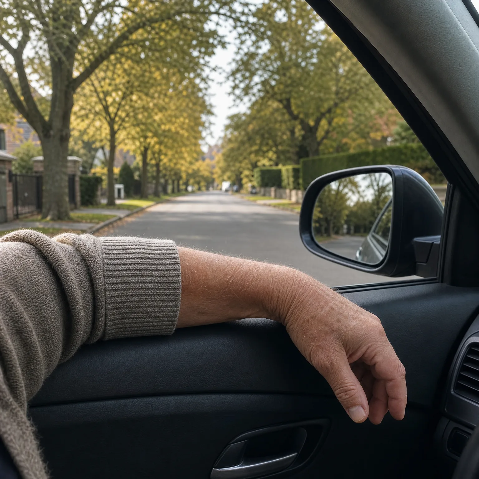 View from inside a car of a person's arm in a rolled-up knit sweater resting on the open passenger window frame, with a side mirror, hedges, brick walls and yellowing trees lining an empty residential street ahead.